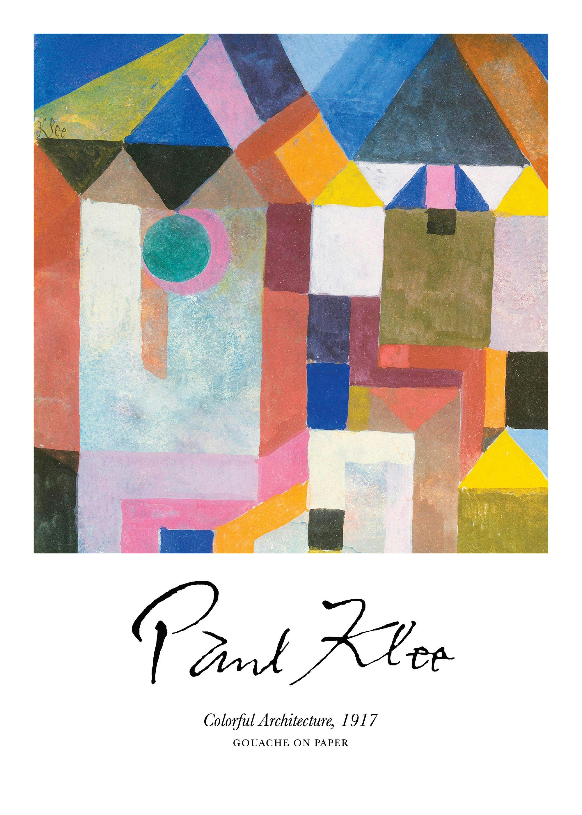 Póster de una obra de arte abstracto con formas geométricas en tonos azules, rosas, marrones y amarillos que evocan arquitectura