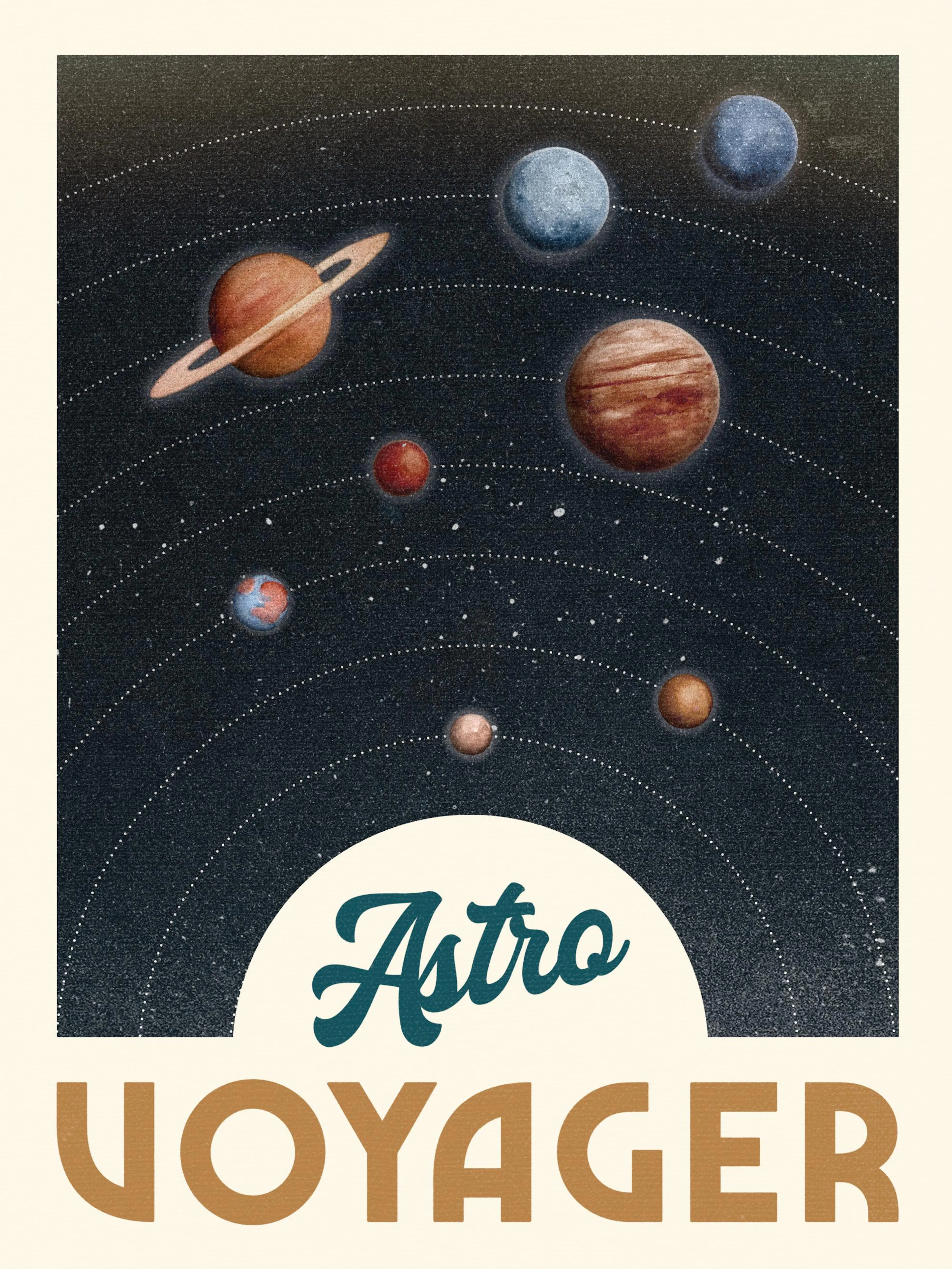 Un póster de estilo vintage con planetas en el espacio y el texto Astro Voyager en la parte inferior.
