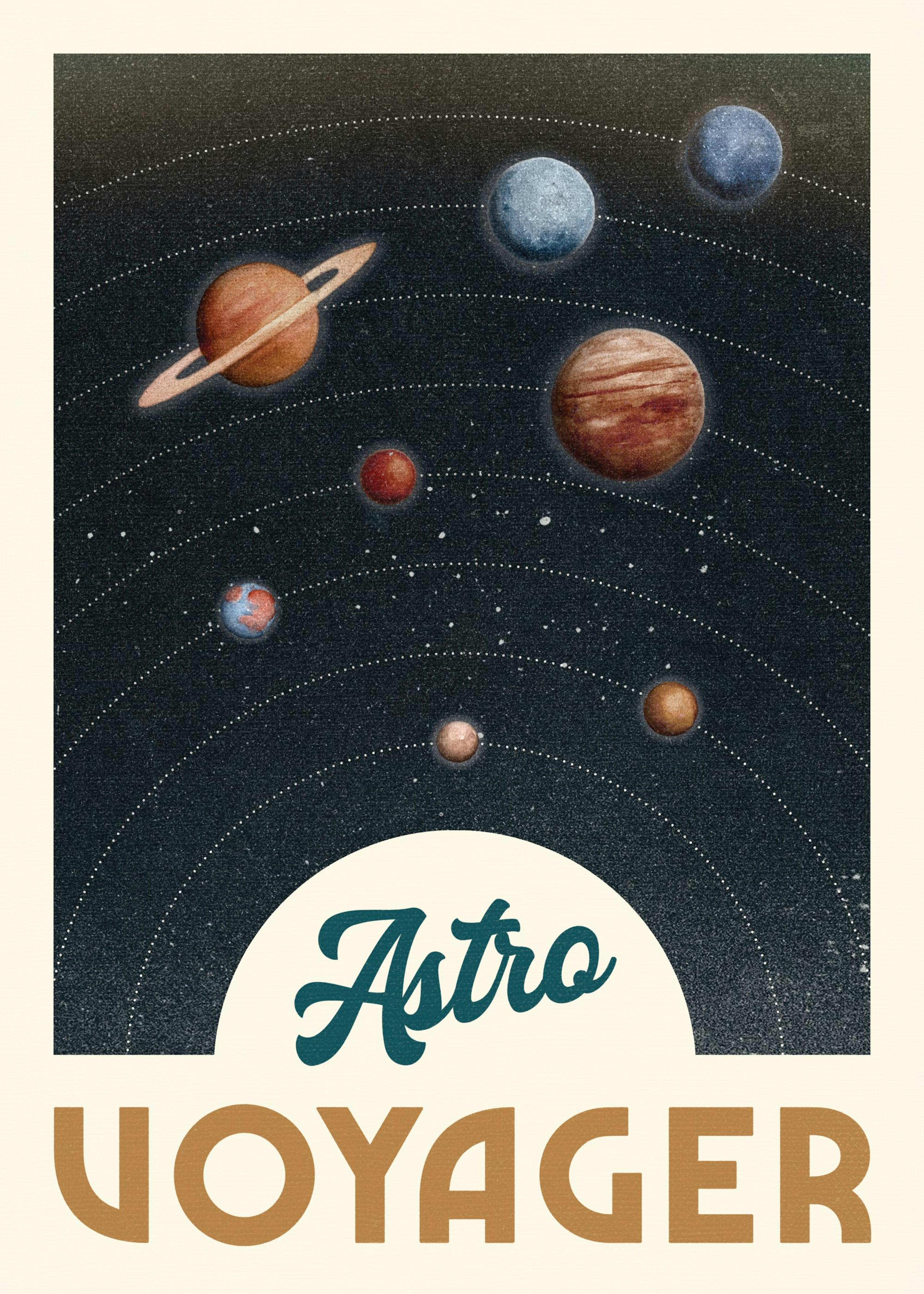 어두운 밤하늘에 여러 행성과 그 궤도가 그려진 우주 테마 poster. 하단에는 Astro Voyager 문구가 있습니다.