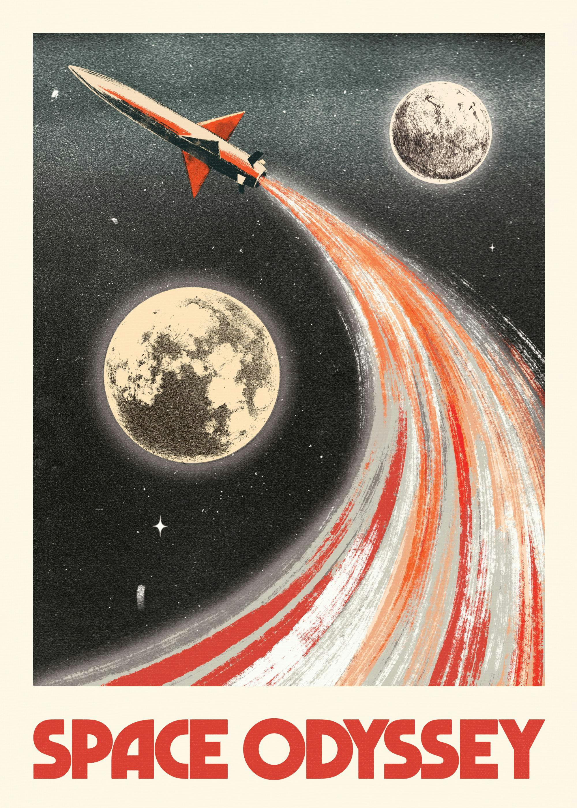 A retro-style poster featuring a rocket launching towards two moons in a starry sky, with SPACE ODYSSEY in red text below.