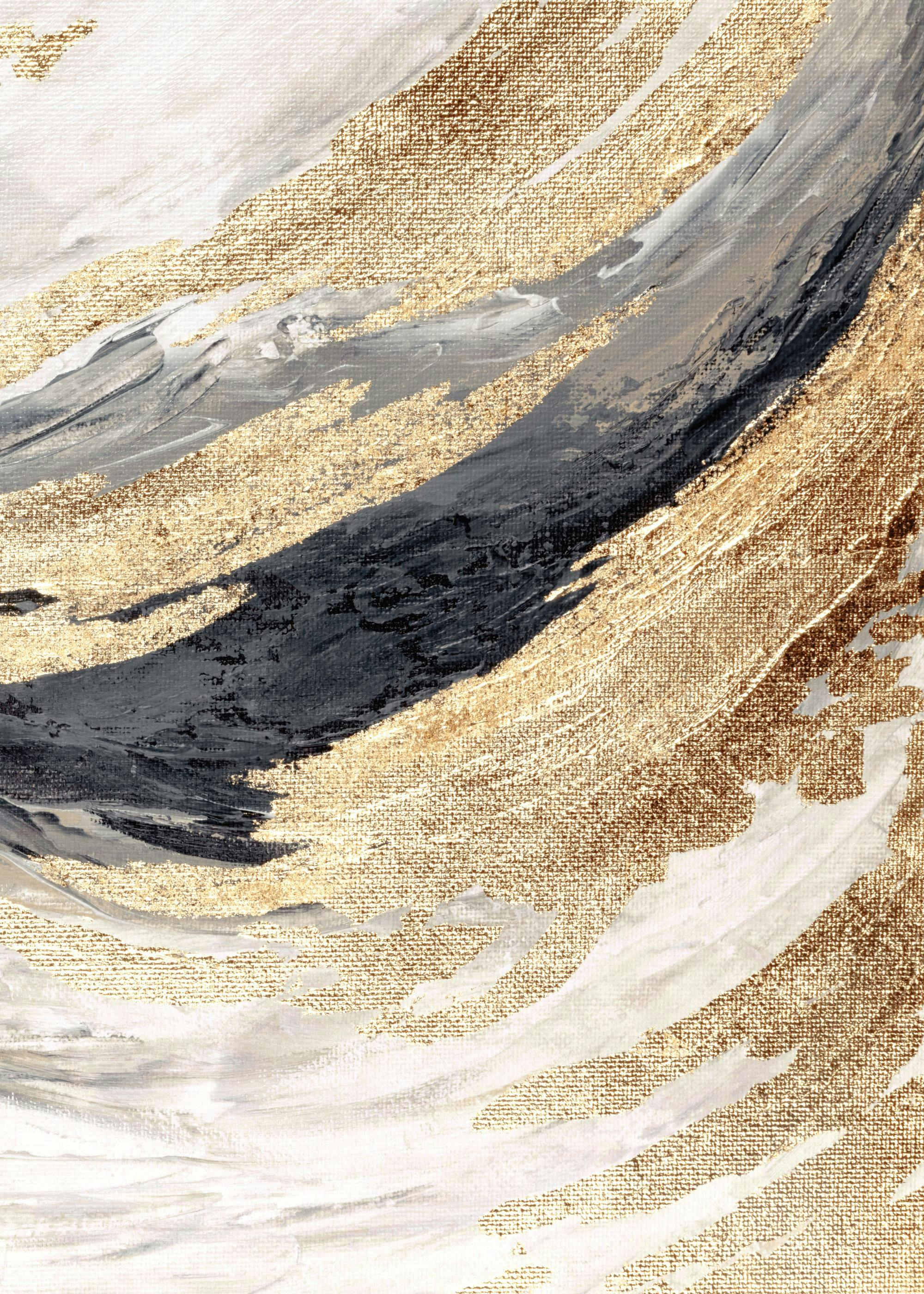 A poster featuring swirling strokes of metallic gold, dark grey, and white paint, creating a textured abstract design.