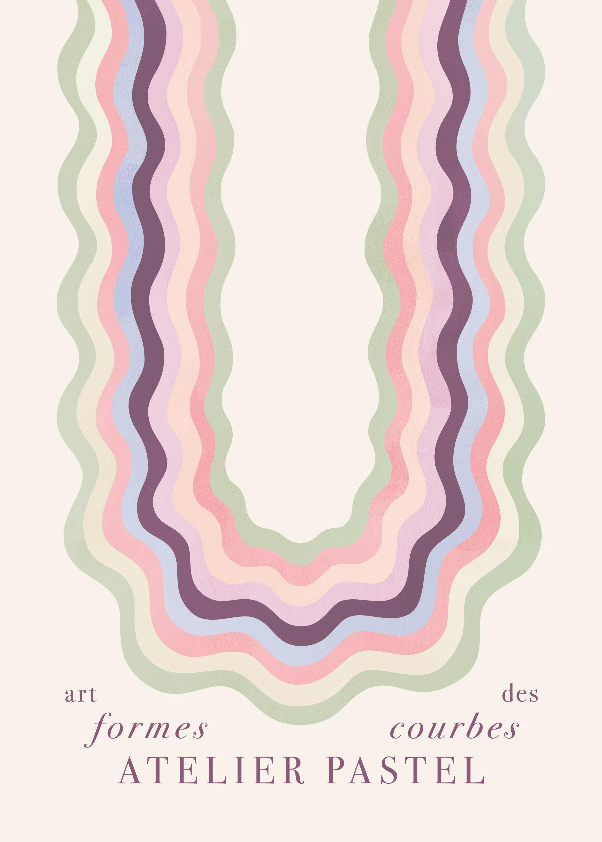 Ein Poster mit sanften, gewellten Linien in Pastelltönen, die einen Bogen auf hellem Hintergrund bilden.