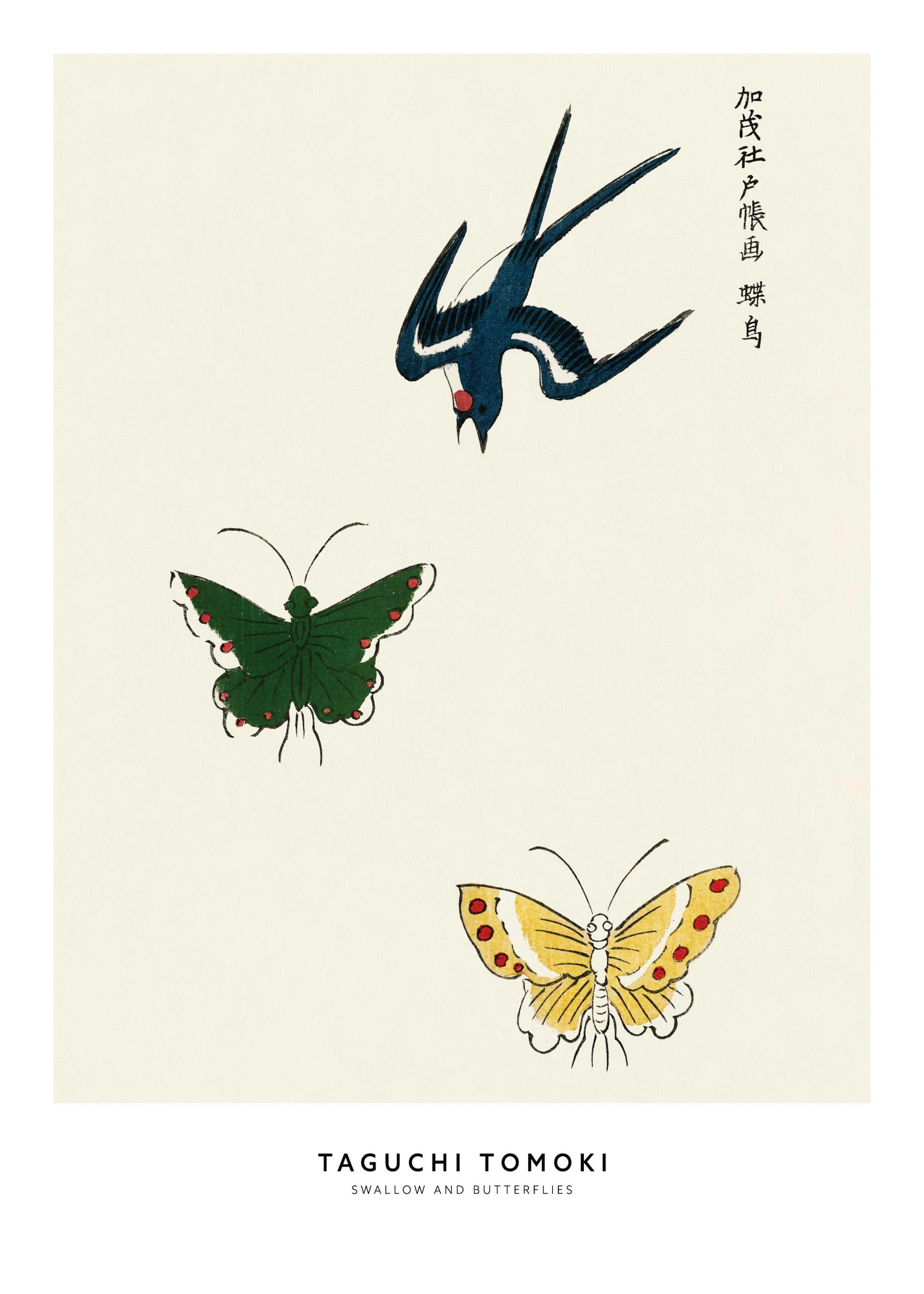 Plakat med svale og to sommerfugle i japansk stil, hængende i et rum med en træstol og lampe.