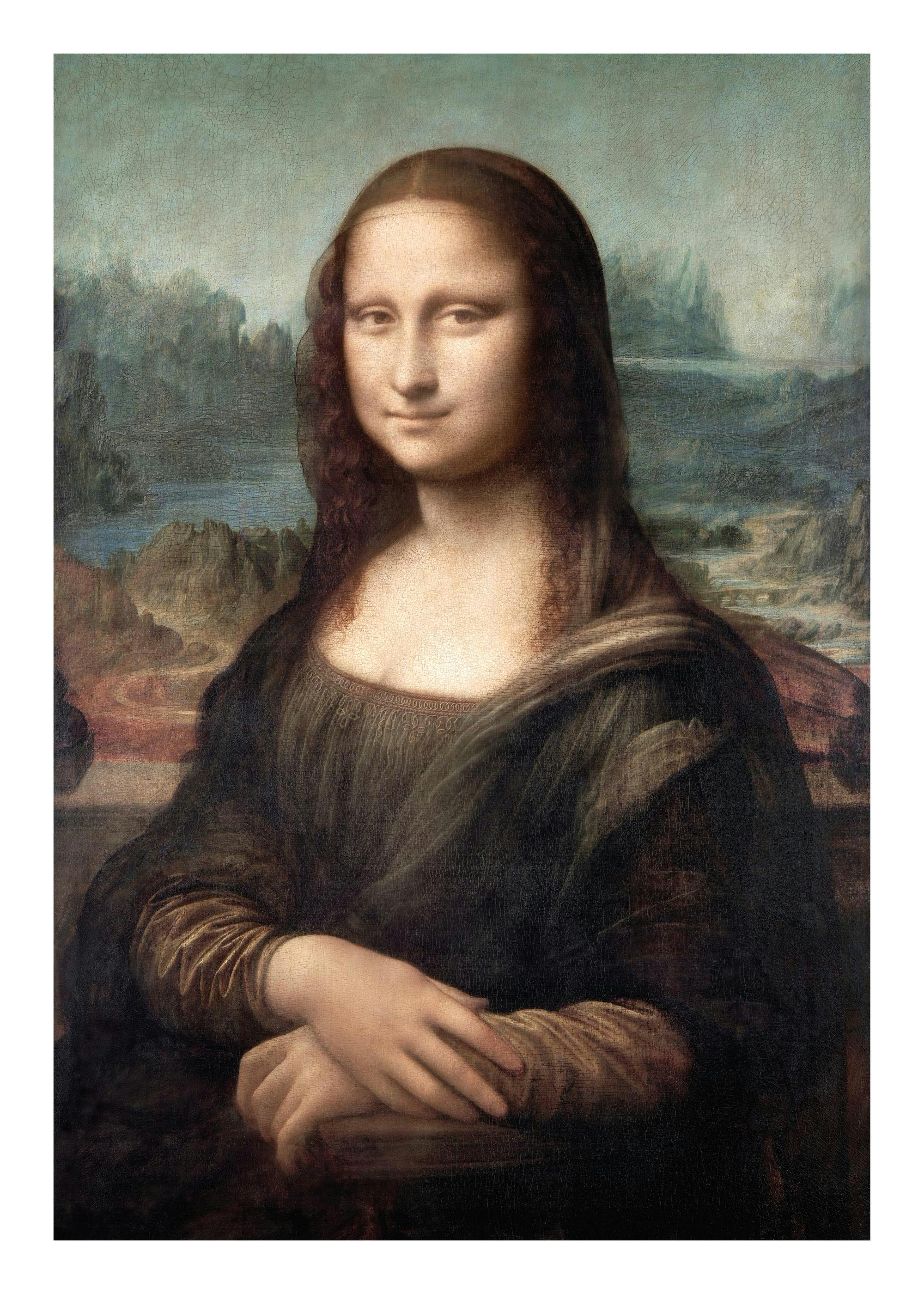A poster featuring the Mona Lisa painting, a woman with dark hair and a faint smile, against a landscape background.
