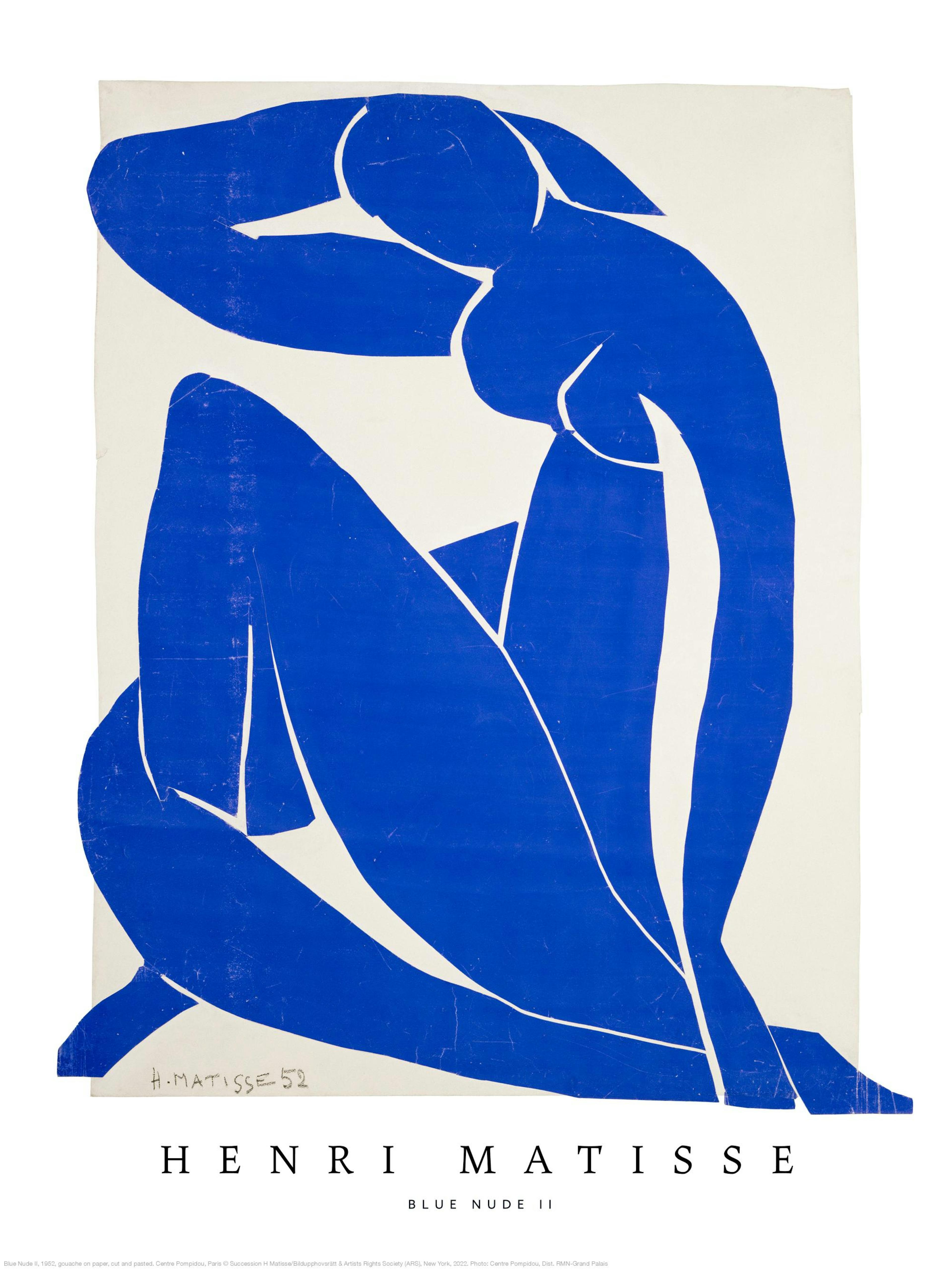 Un poster di Henri Matisse con una figura femminile nuda stilizzata blu su sfondo bianco, in stile cut-out.