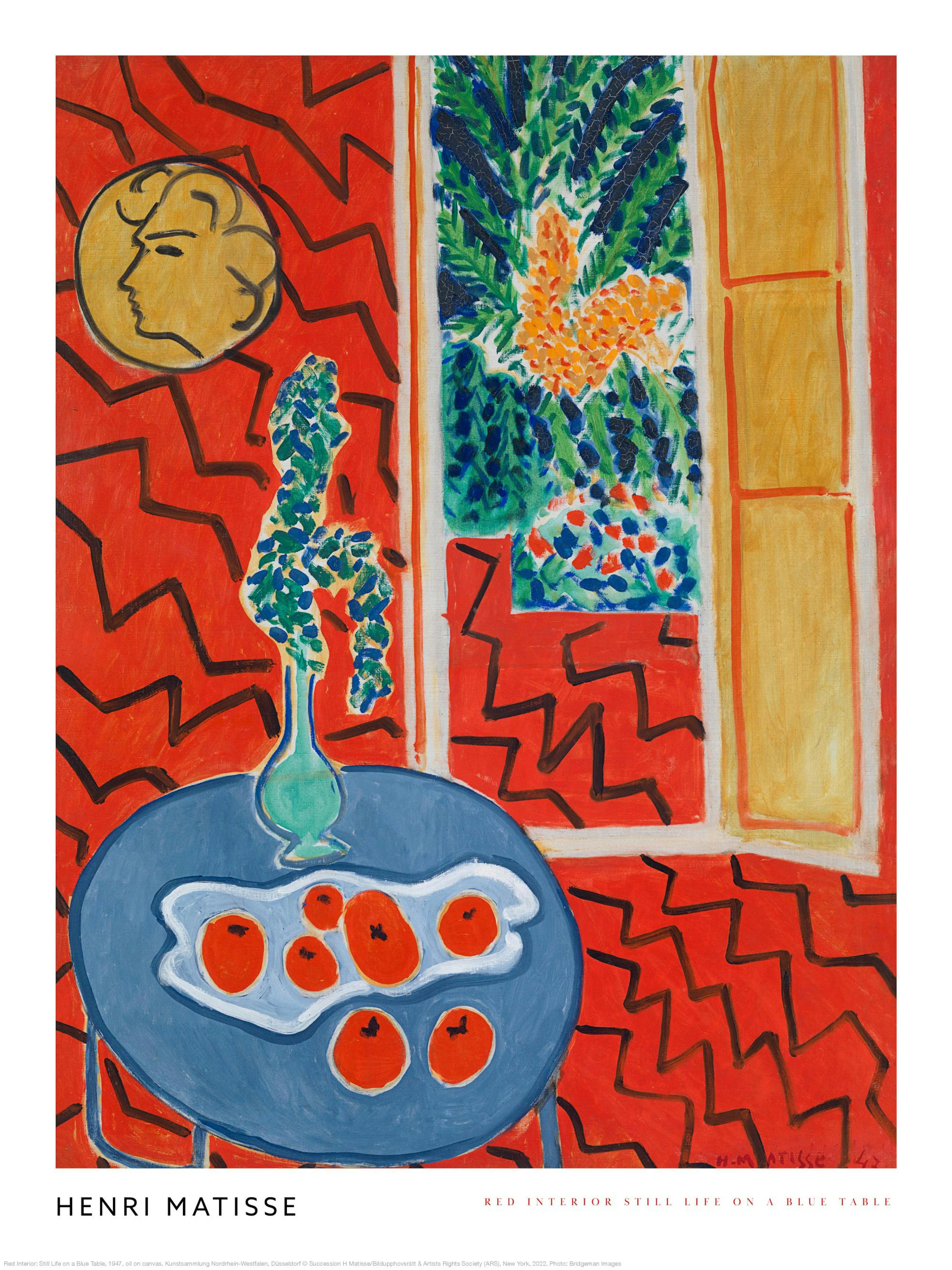 Poster con dipinto di Matisse, Interno Rosso, Natura Morta su Tavolo Blu, dai colori vivaci.