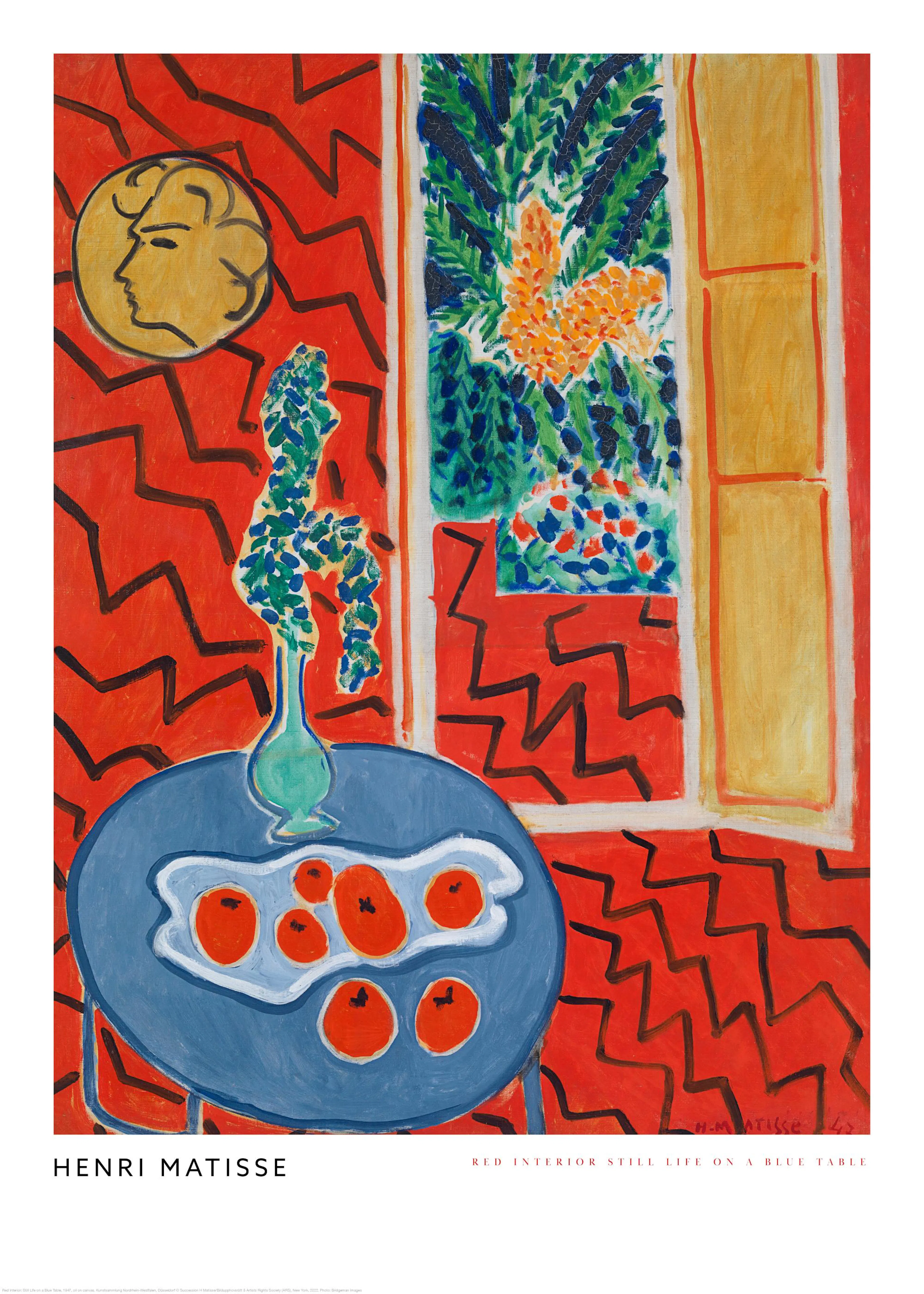 A poster featuring Matisses Red Interior Still Life: a vibrant room with red zigzag walls, a blue table, and a window with green