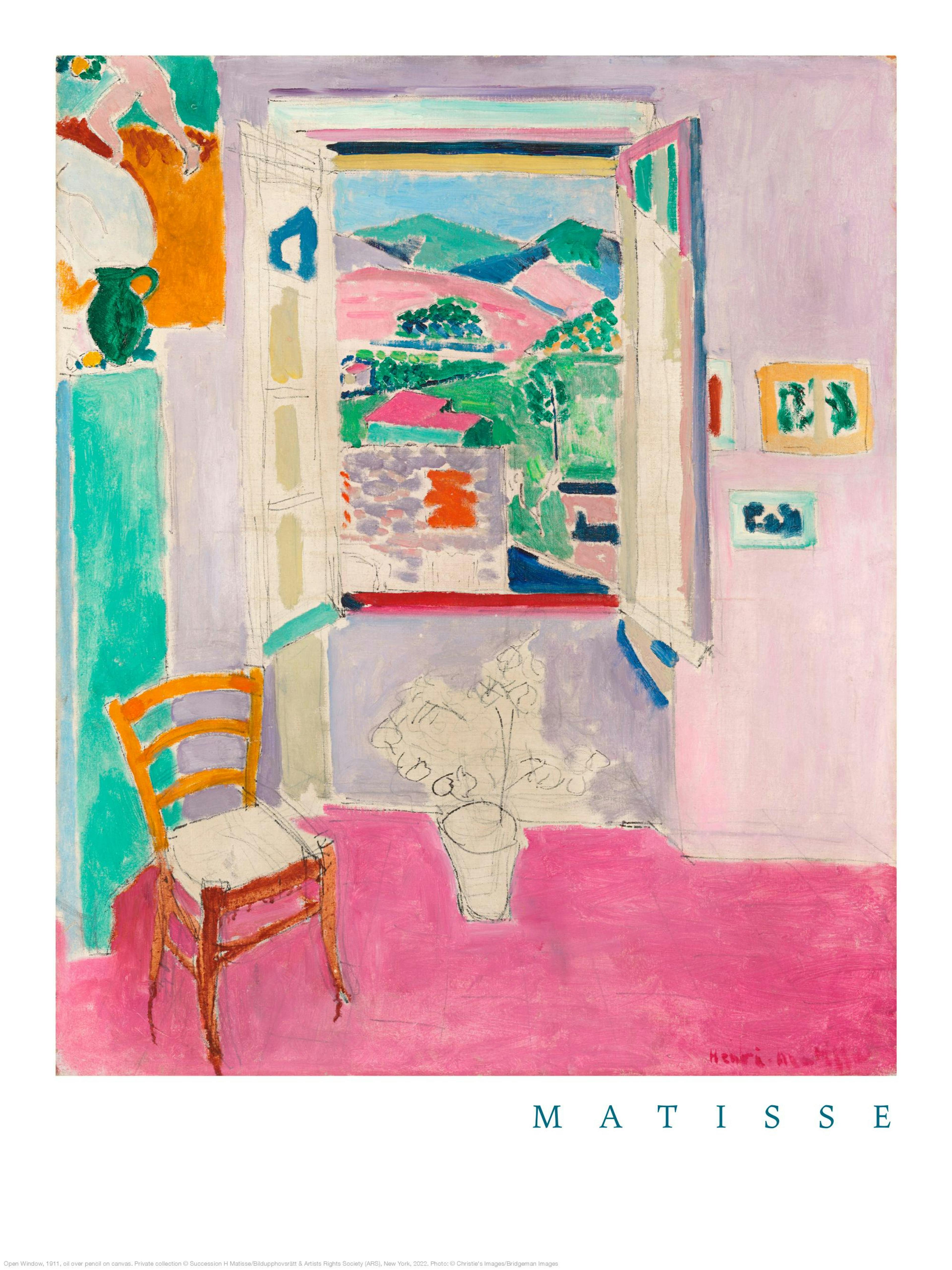 Poster con dipinto di Matisse Finestra Aperta, una scena interna con colori vivaci e una vista su un paesaggio montano.