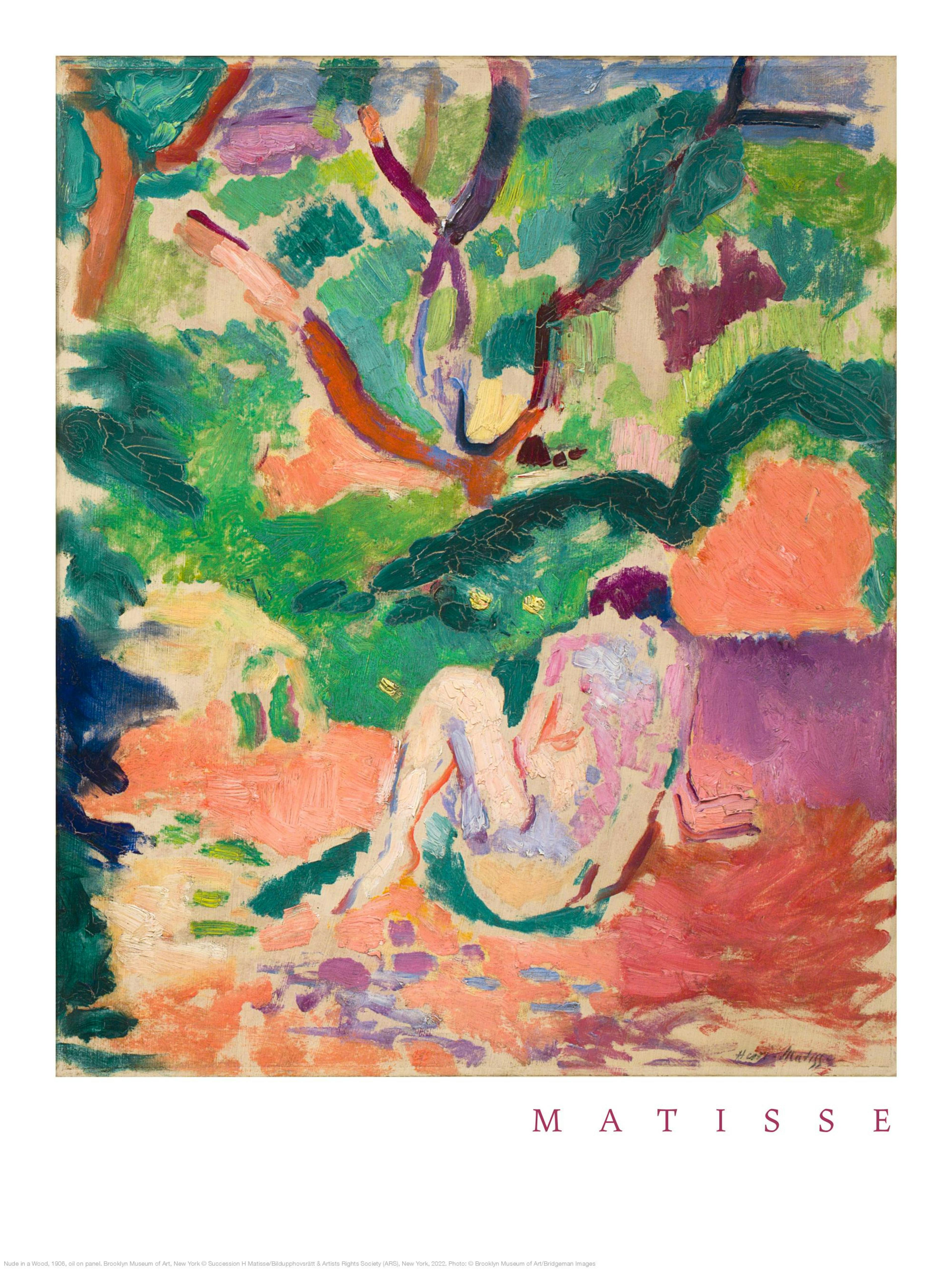 Poster con lopera di Matisse Nudo nel bosco, con una figura femminile dai toni rosa e viola in un paesaggio verde e arancione.