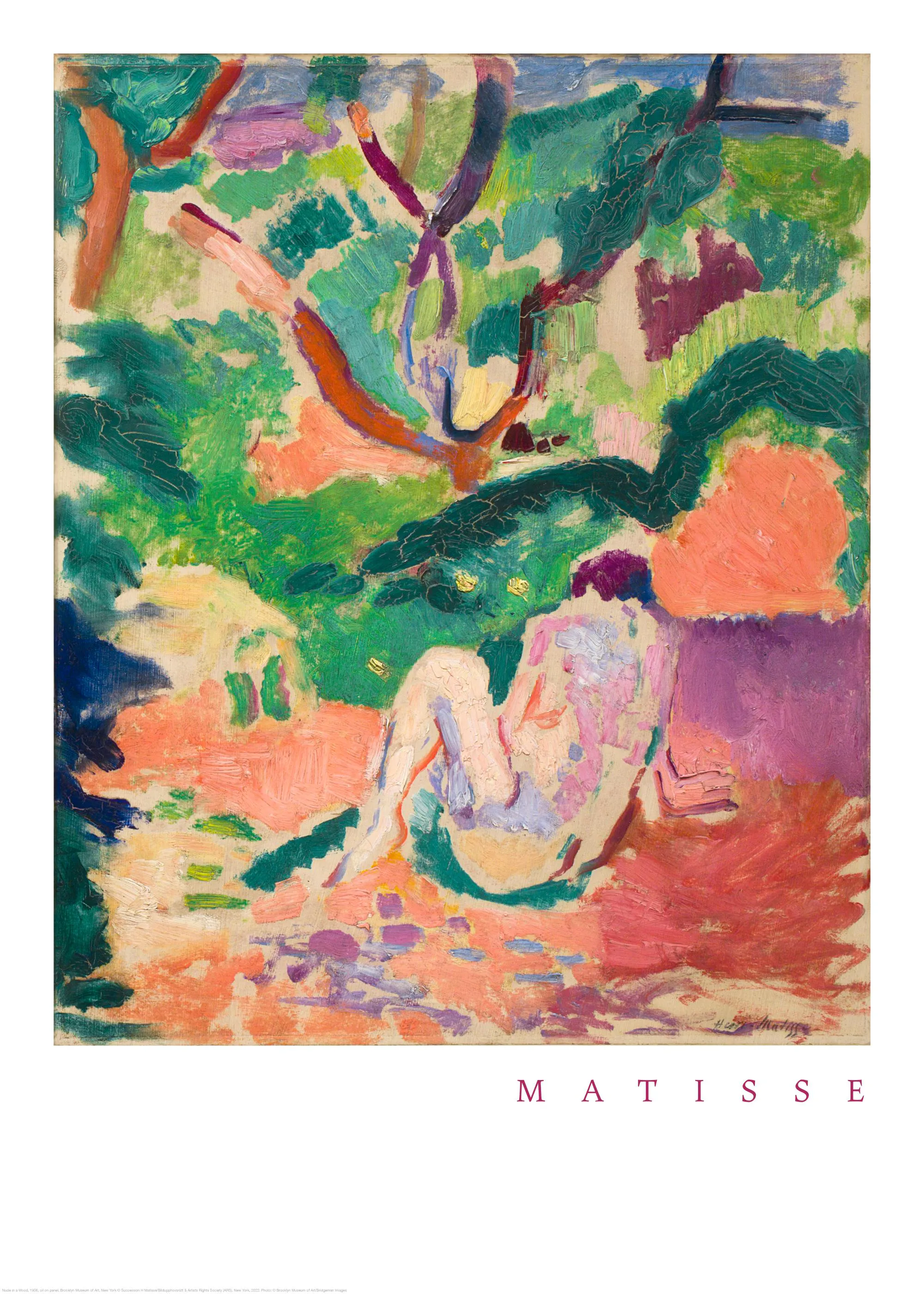 鮮やかな色彩で描かれた「横たわる裸婦」のポスター。緑の木々とオレンジ色の地面に座る、淡いピンク色の裸婦像が特徴です。