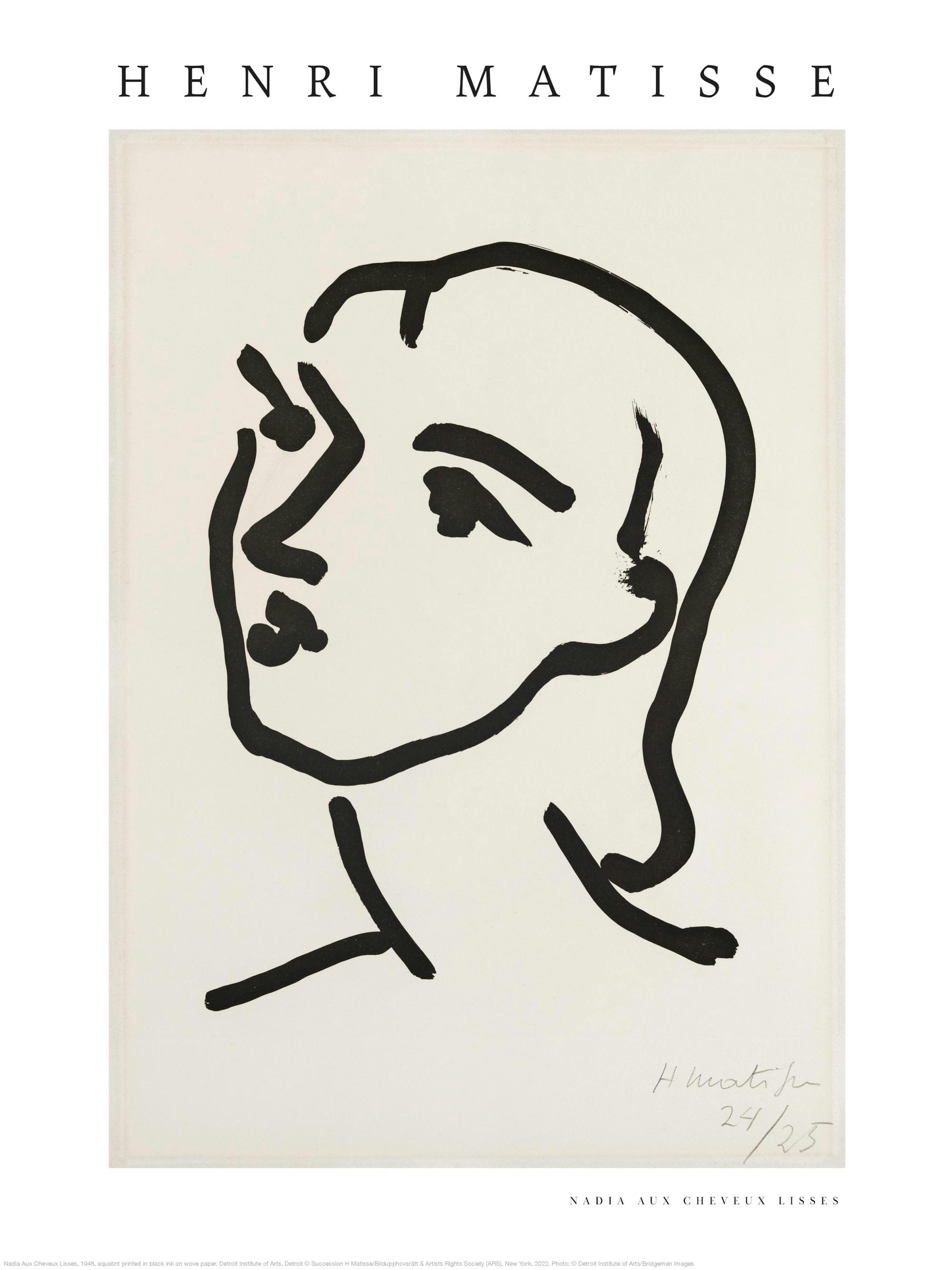 Poster con un ritratto astratto di profilo di una donna, disegnato con spesse linee nere su sfondo chiaro.