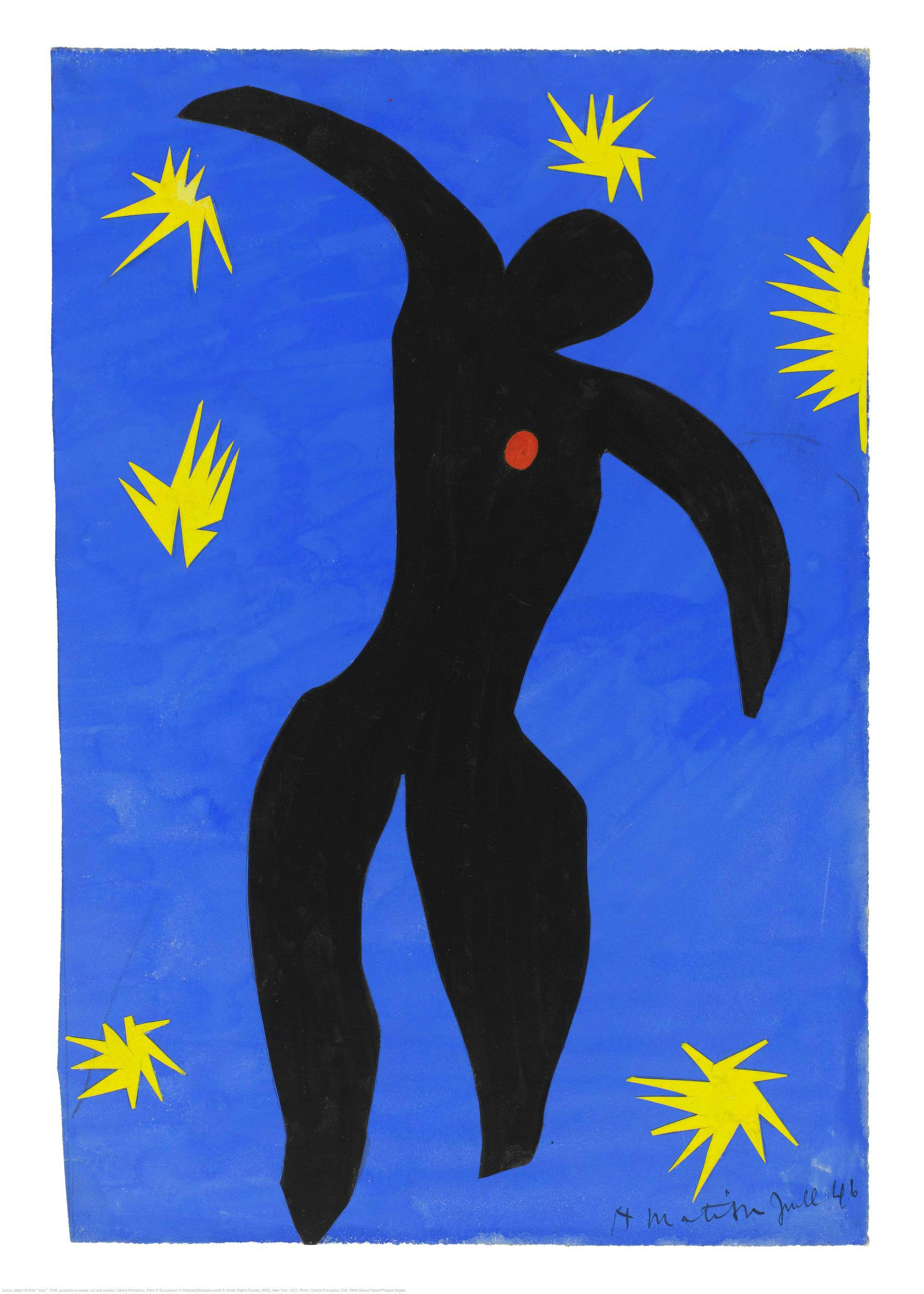 Poster con figura astratta nera danzante con un punto rosso, circondata da stelle gialle su sfondo blu.