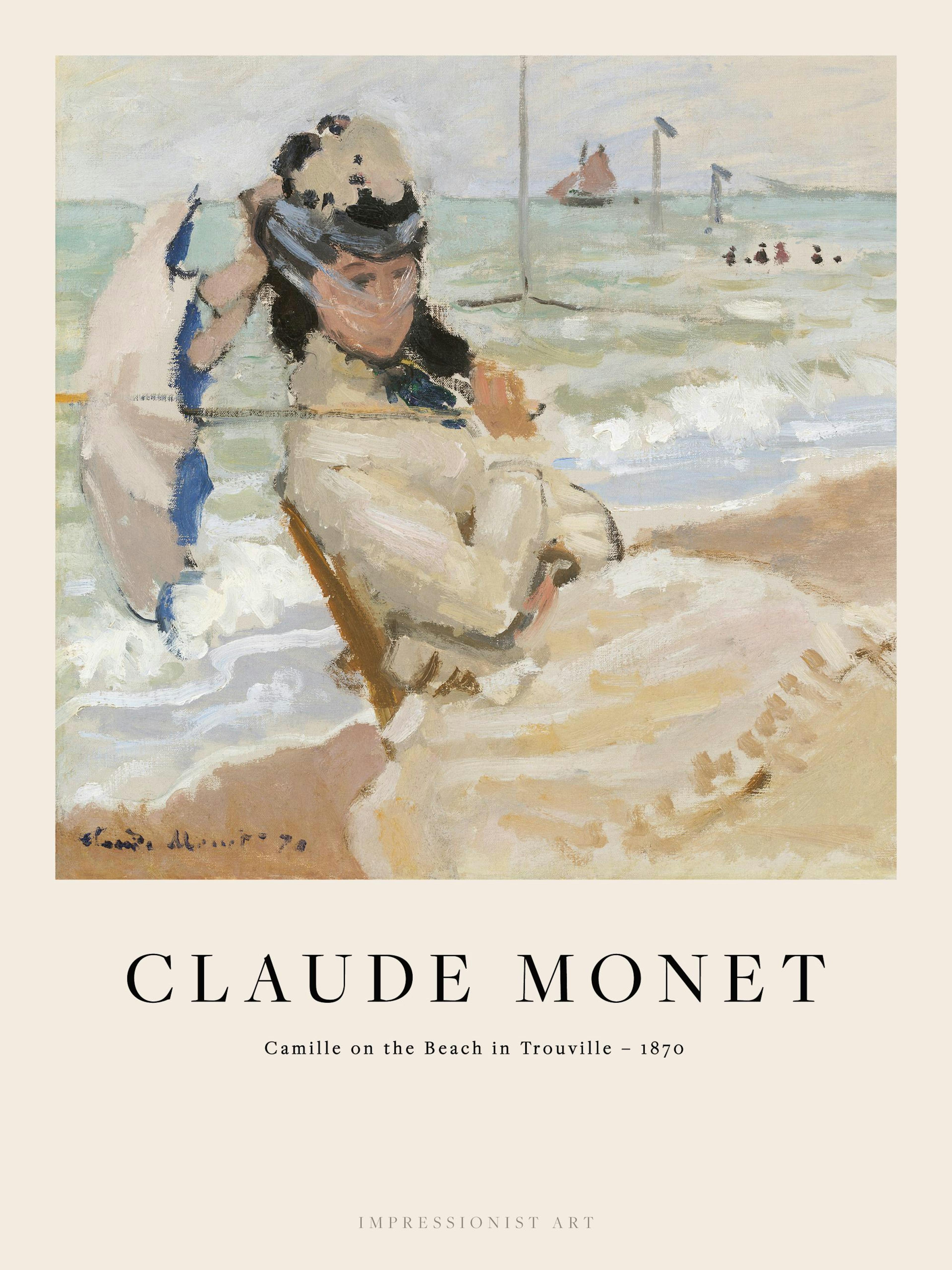A poster featuring an impressionist painting of a woman in a white dress sitting on a sandy beach with crashing waves and a boat