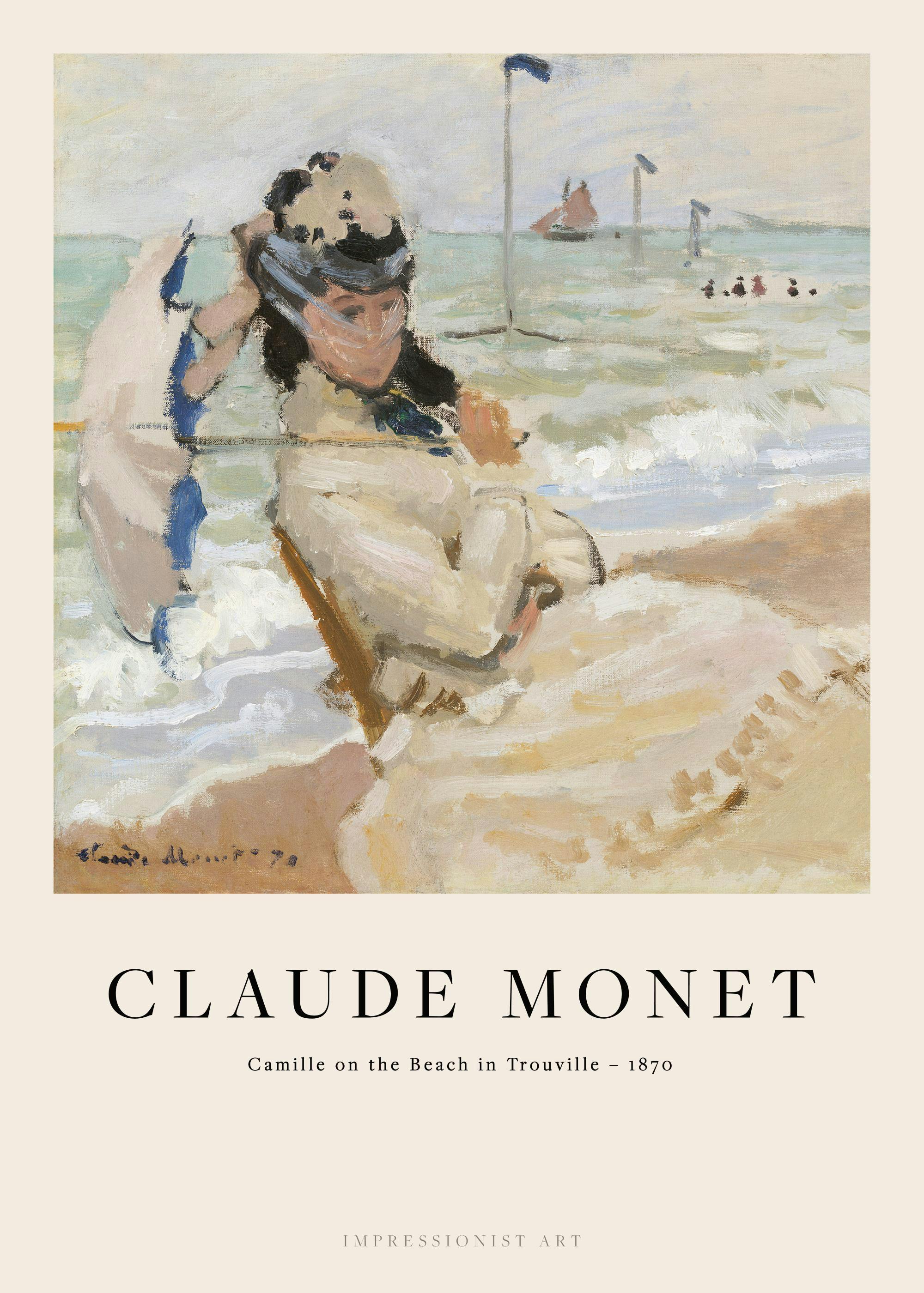 ビーチに座る女性を描いた印象派の油絵ポスター。波打ち際の砂浜で、白いドレスと帽子を身につけた女性が、そばに開いた日傘を置いて座っている。