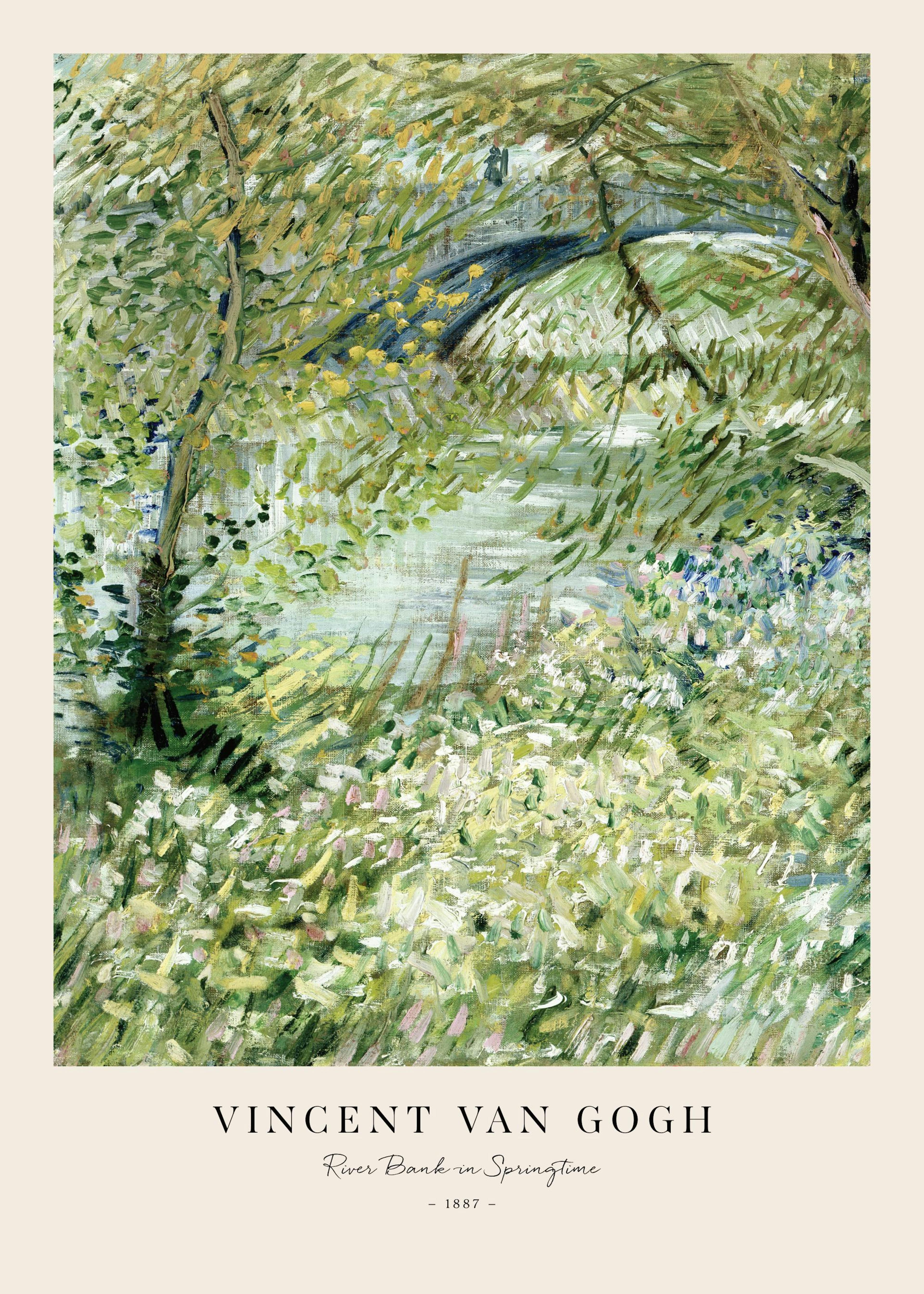 Van Gogh Poster von einem Flussufer im Frühling in einem Wohnzimmer über einem Holzregal.