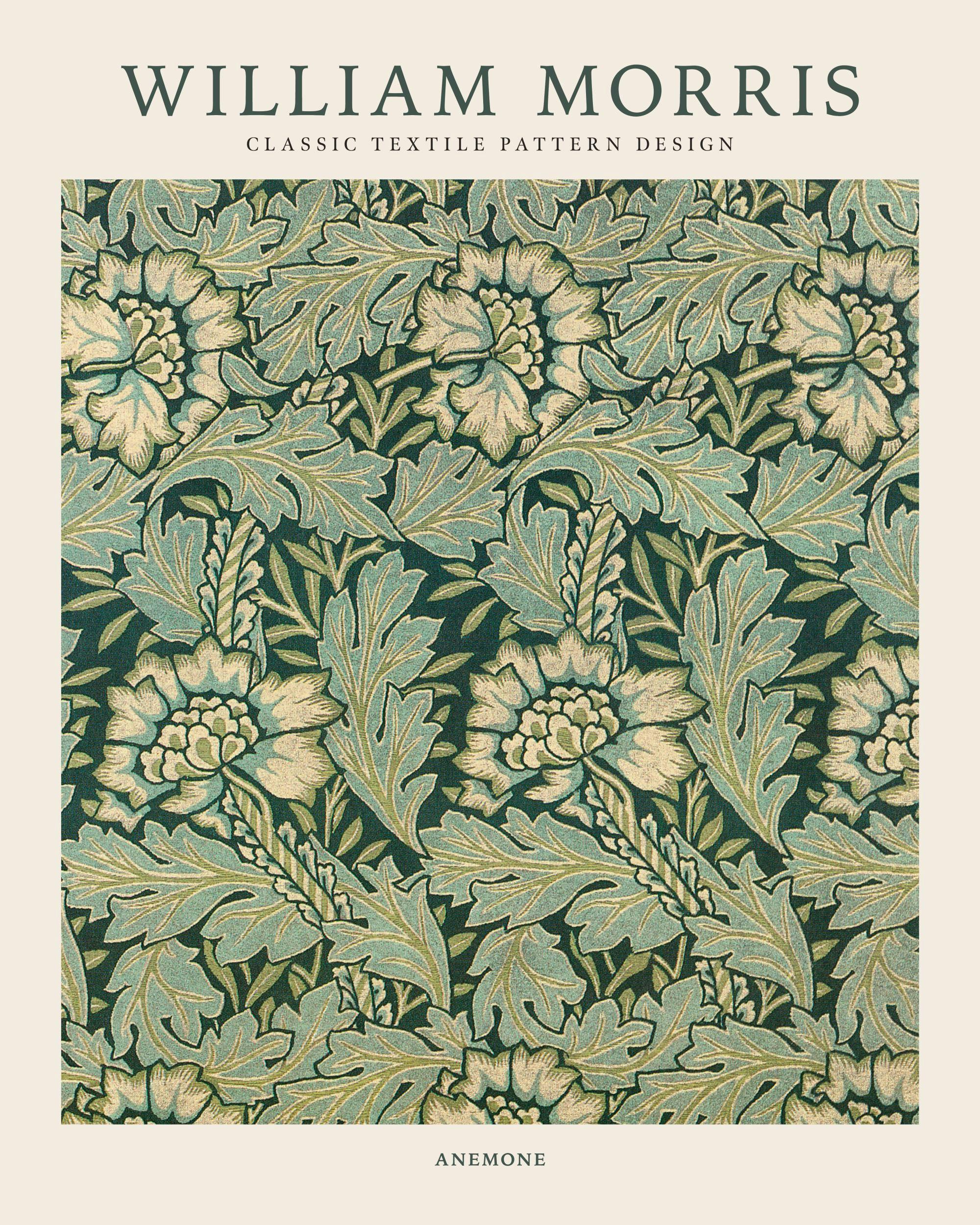 A poster featuring William Morriss Anemone pattern with dense green and light blue leaves and flowers on a dark background.