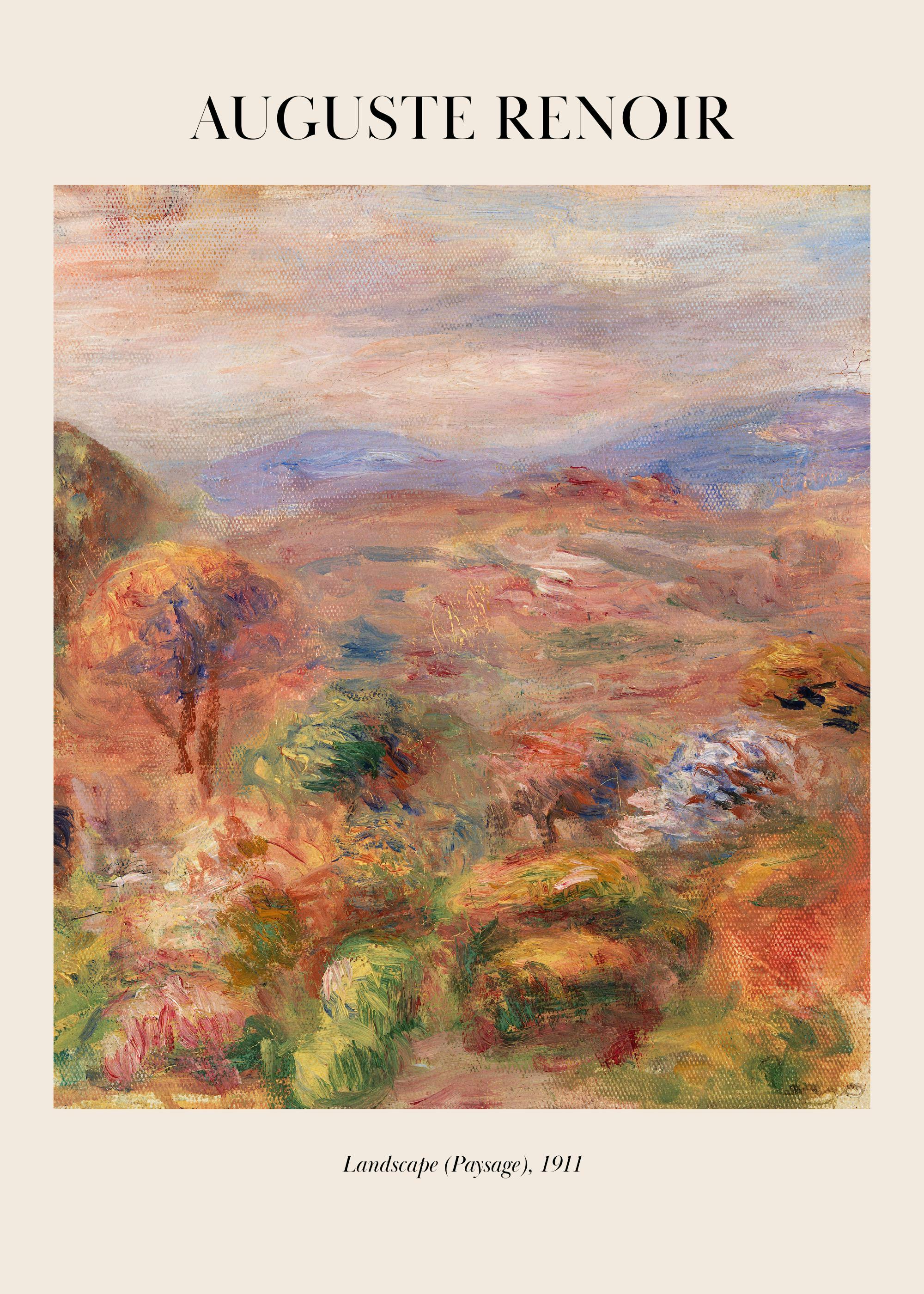 A Renoir poster of a colourful landscape with trees and distant mountains, hung above a wooden buffet with green bedding.