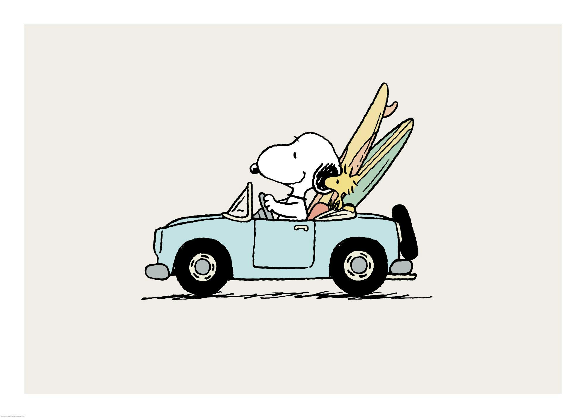 A Snoopy poster of Snoopy driving a light blue convertible with two surfboards and Woodstock in the back.