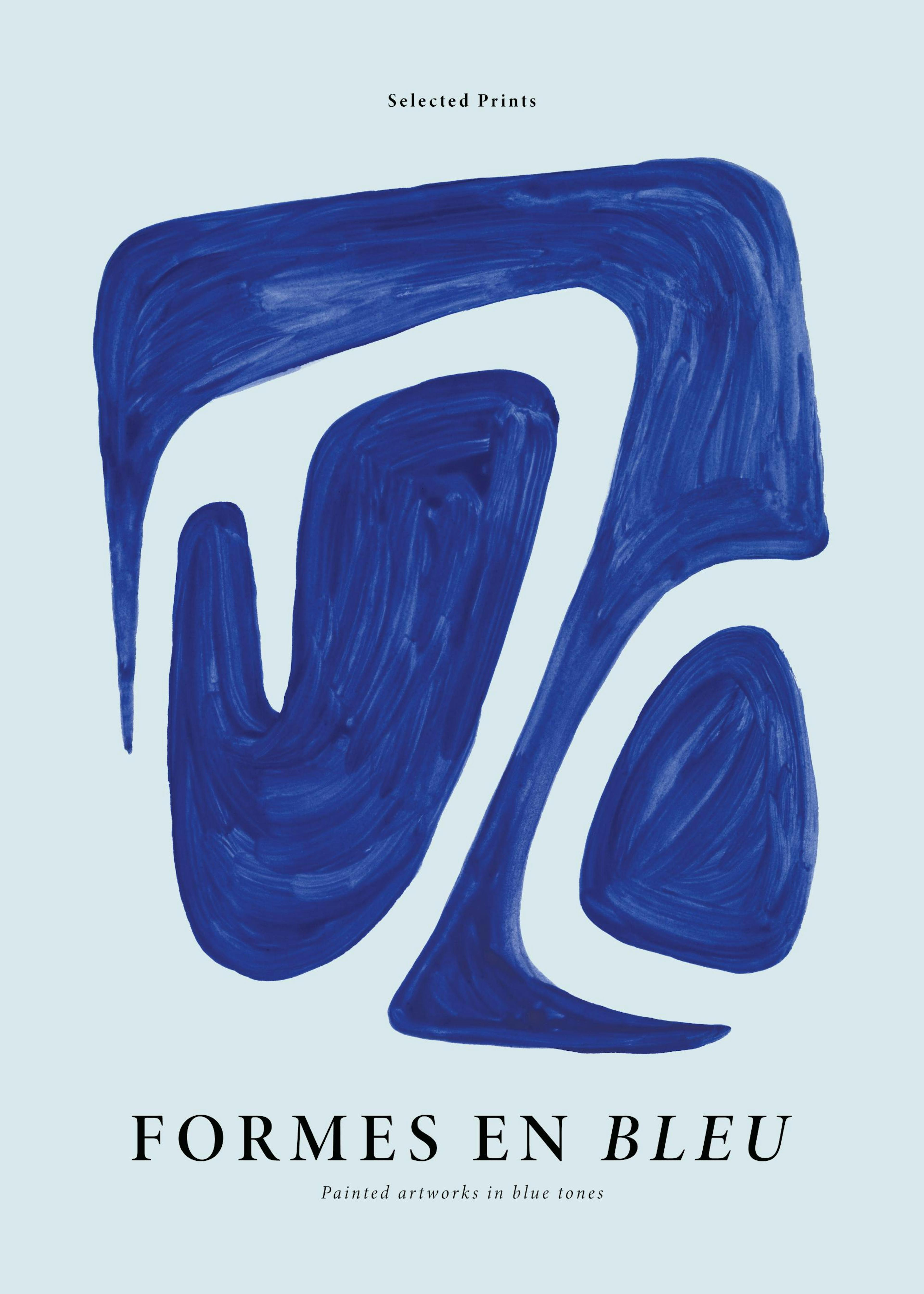 A poster featuring a large, abstract blue shape with organic curves and white outlines on a light blue background.