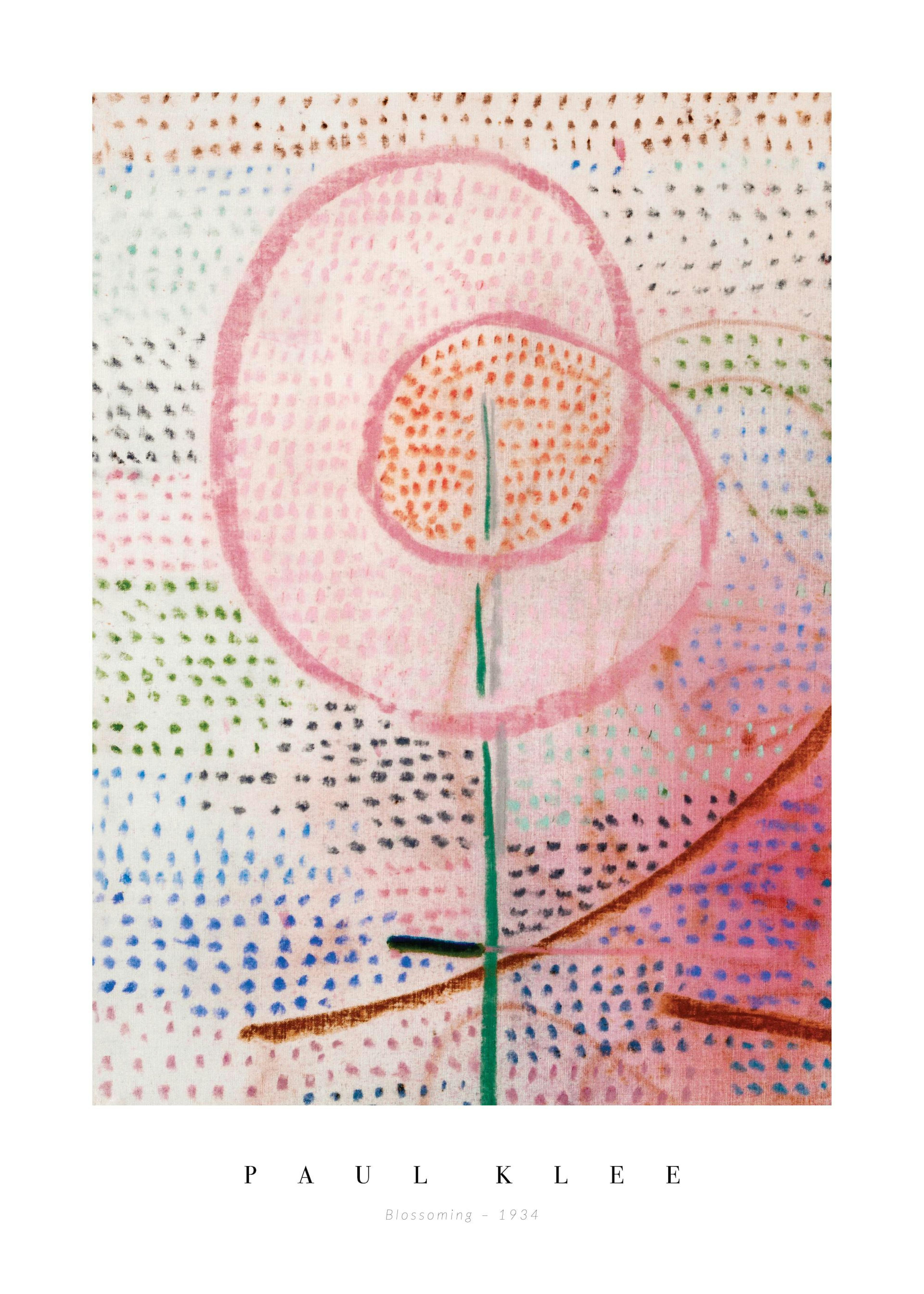 A Paul Klee poster with pink and red concentric circles and blue dots, hanging above a wooden dresser in a bedroom.