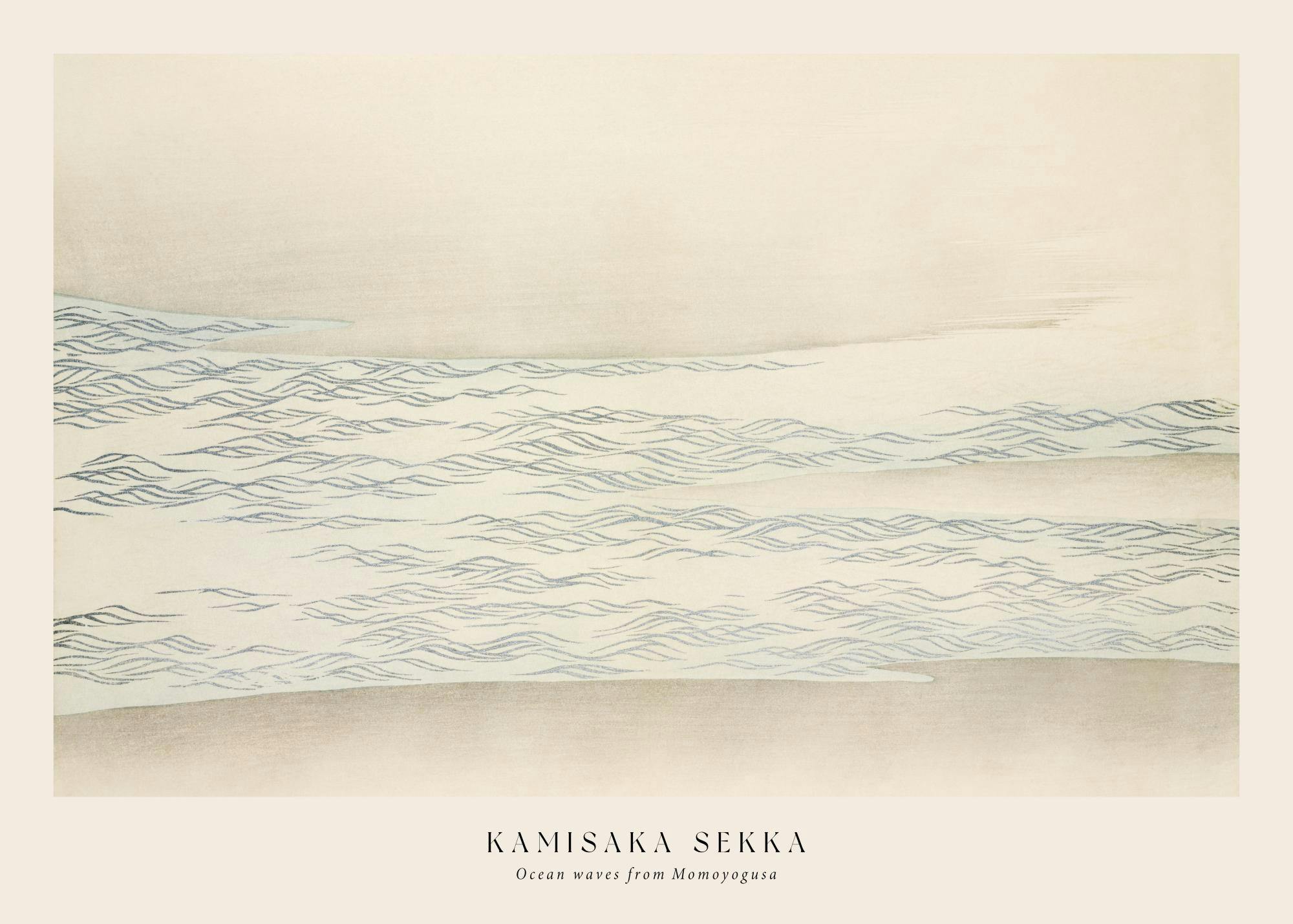 A poster featuring a minimalist Japanese woodblock print of gentle blue ocean waves on a light background.