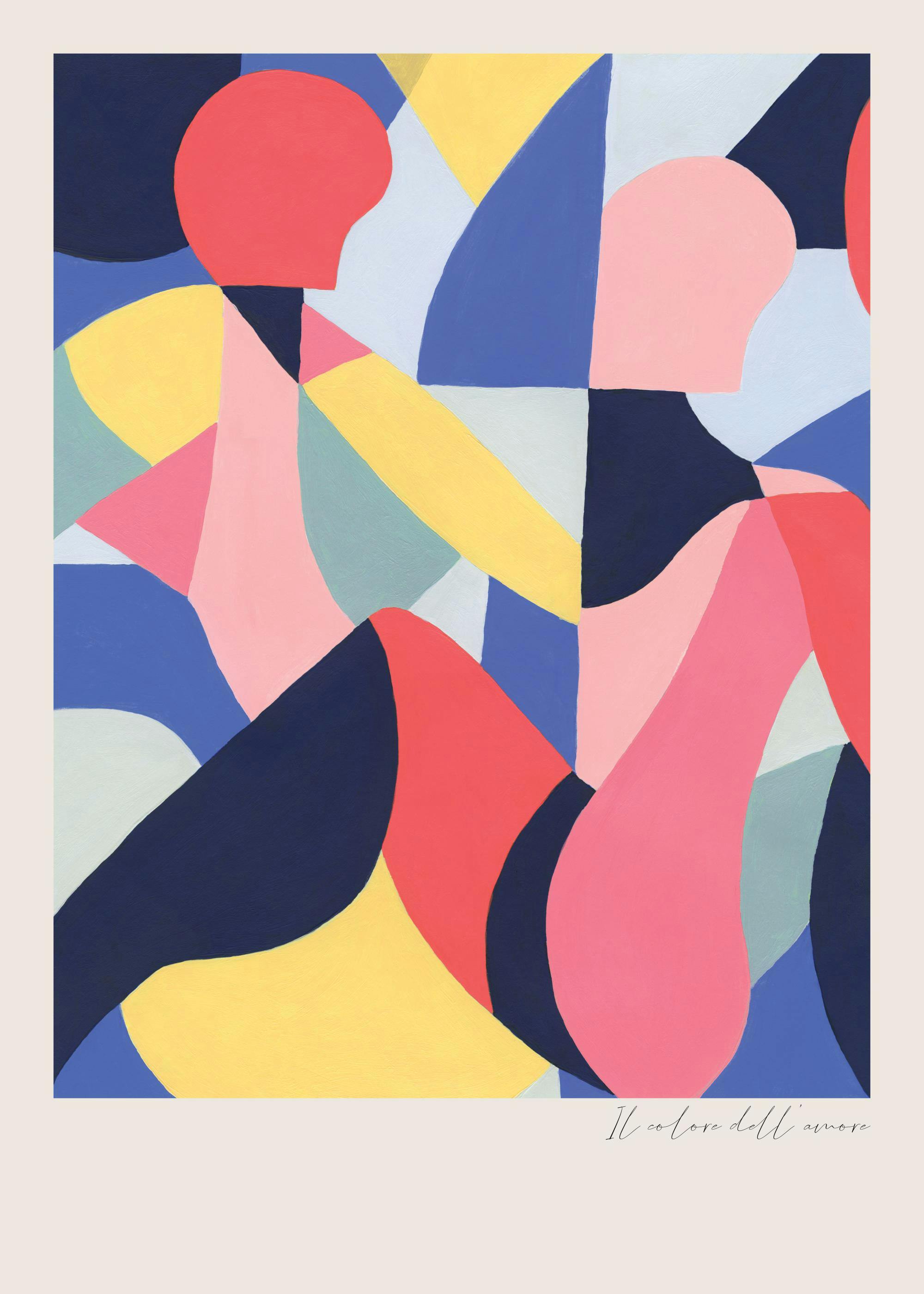 Poster mit abstrakten, organischen Formen in verschiedenen Blautönen, Pink, Koralle, Gelb und Hellgrau.