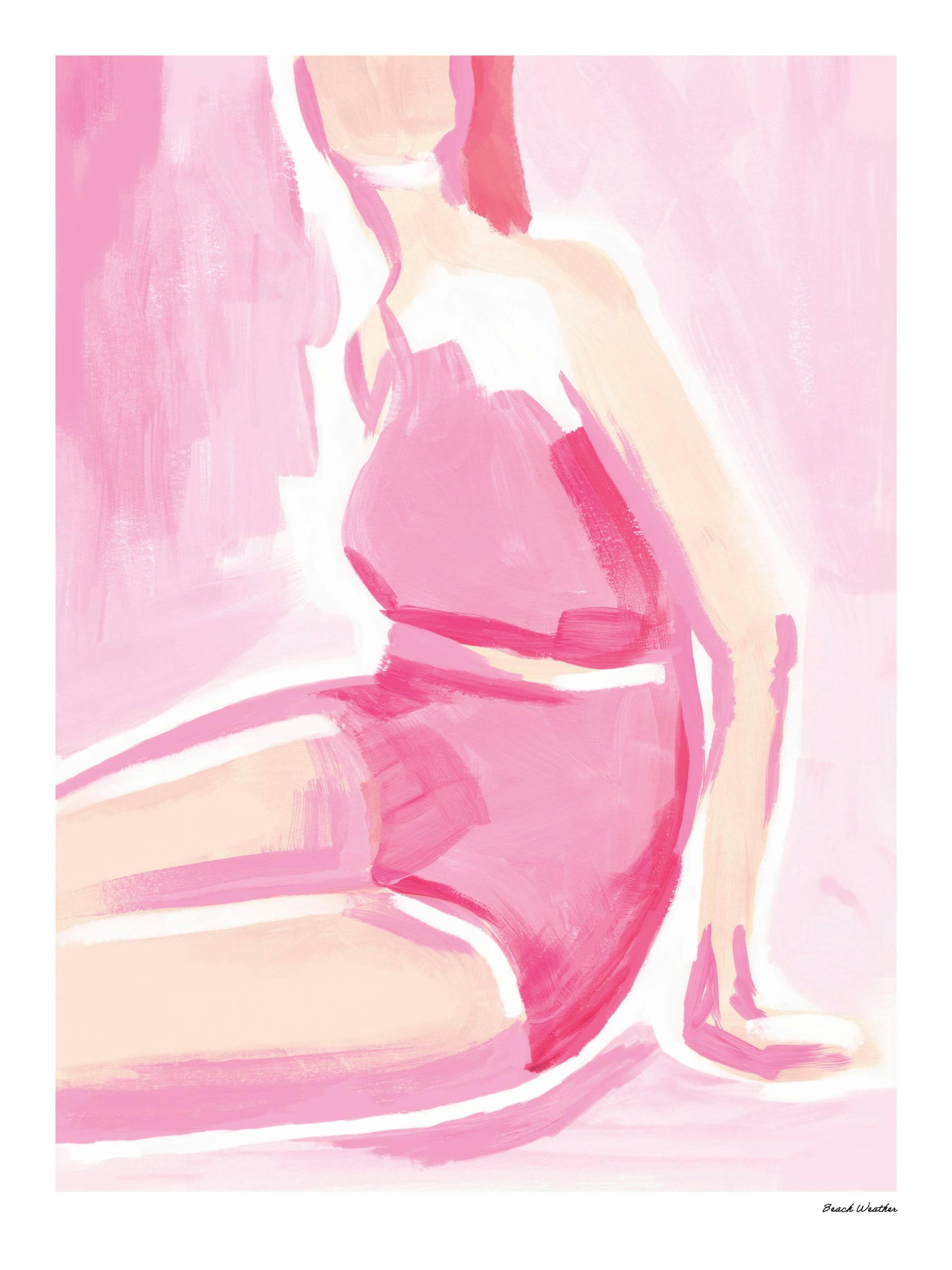 A pink abstract painting of a seated woman in a swimsuit, hanging on a beige wall above a wooden chair with a blanket.