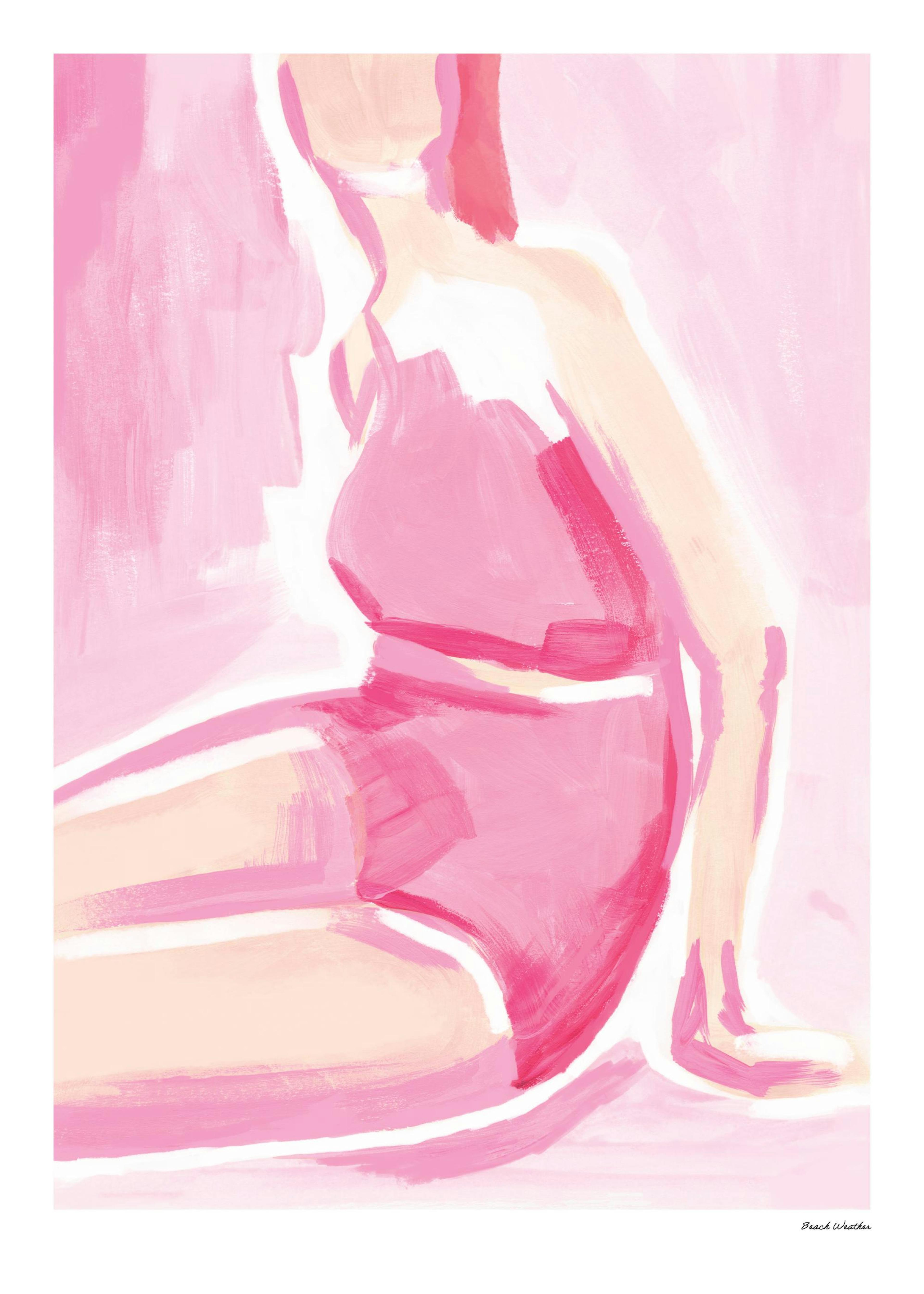A poster featuring an abstract figure in shades of pink, rose, and peach, with broad brushstrokes and white highlights.