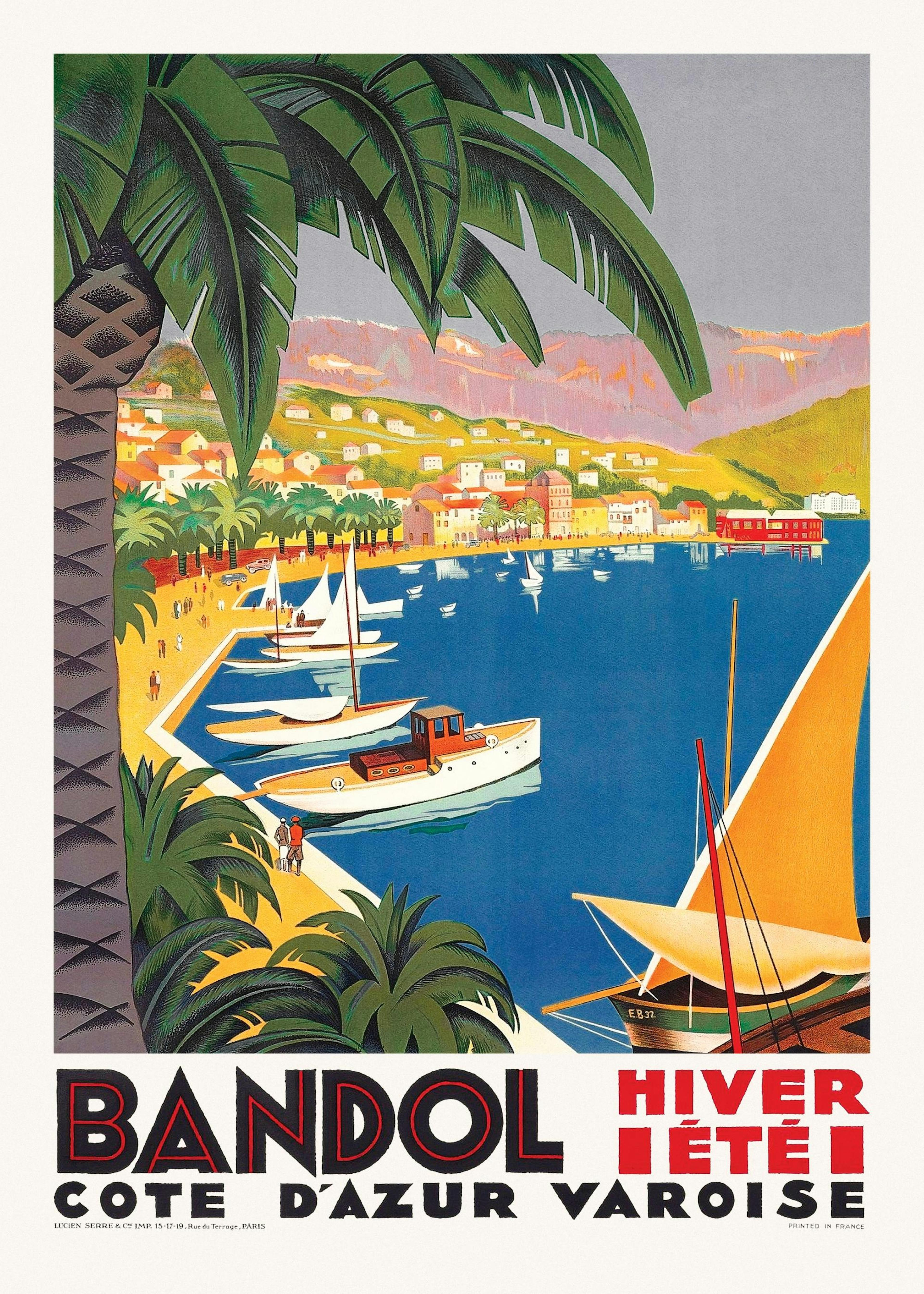 Vintage Bandol poster depicting a French Riviera harbor with sailboats and palm trees, displayed above a wooden shelf.