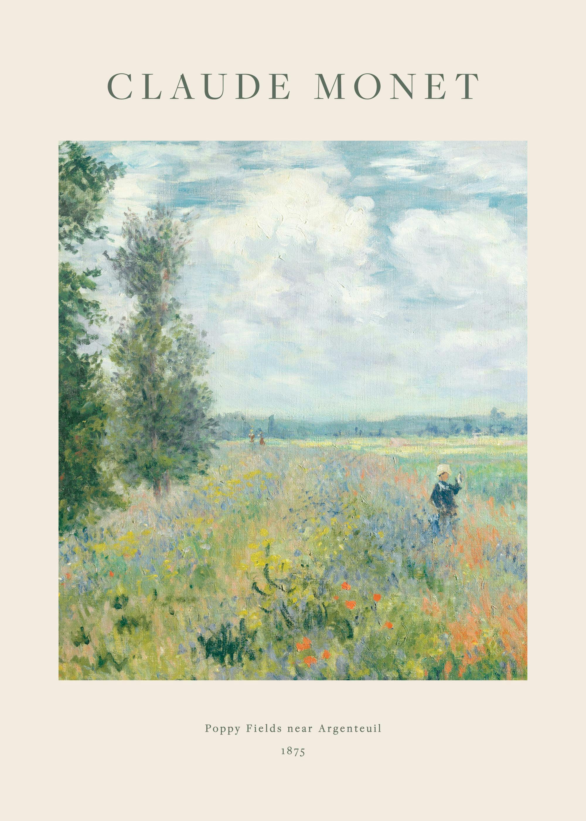 En plakat av Claude Monets Poppy Fields near Argenteuil, et maleri med et frodig blomsterfelt, trær og en himmel med hvite skyer