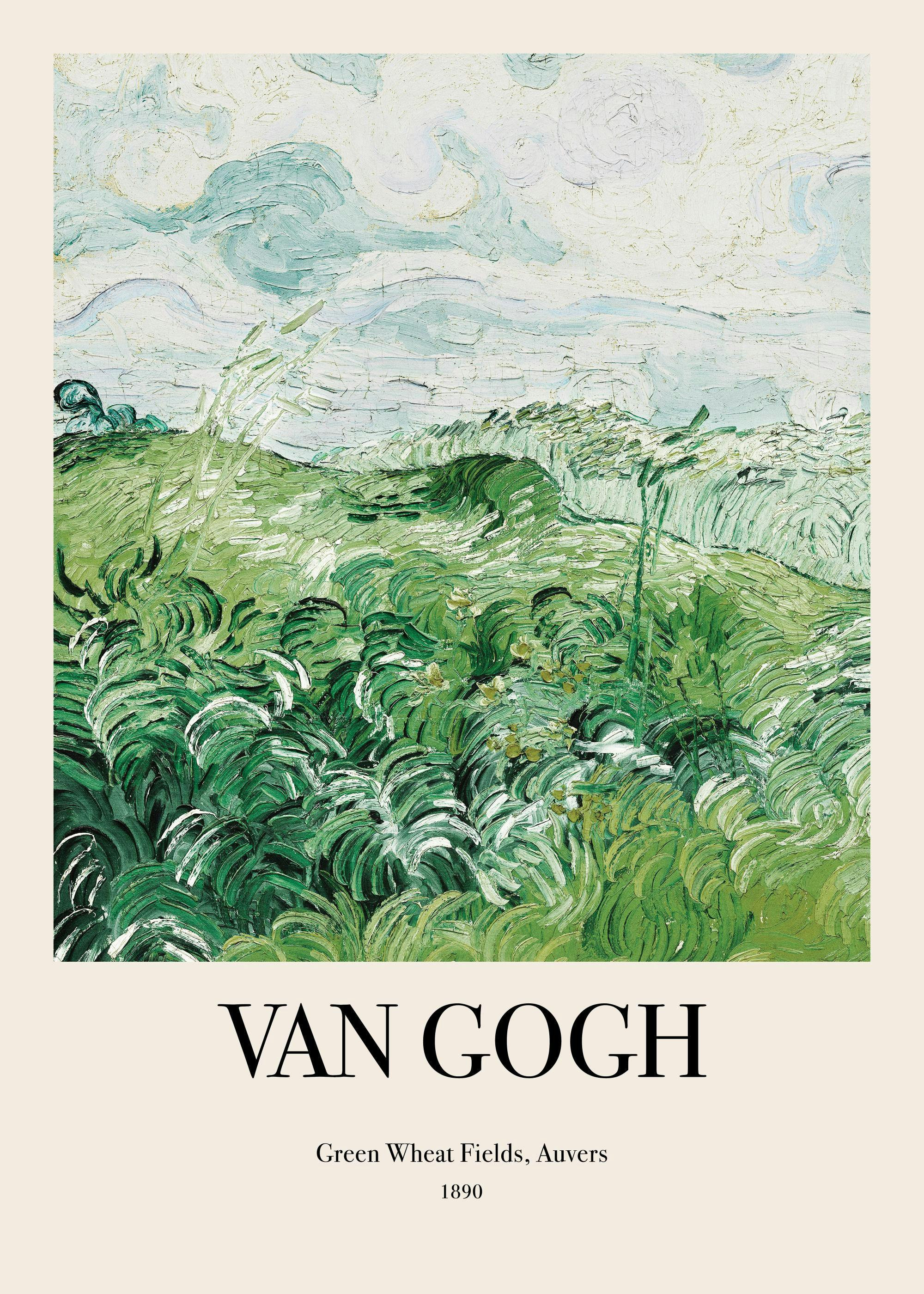 Juliste Van Goghin maalauksesta, jossa on vihreitä vehnäpeltoja ja vaaleansininen taivas.