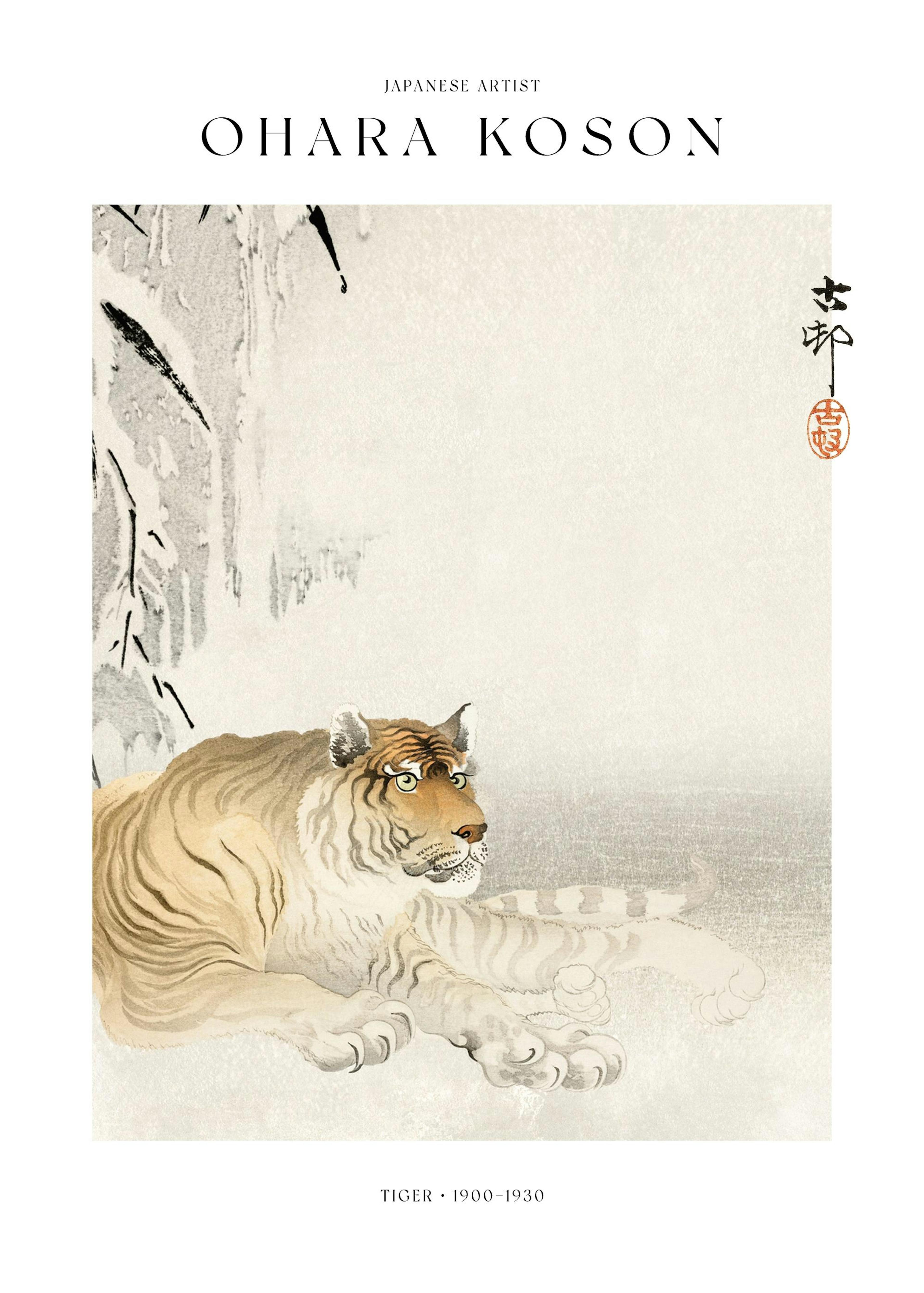 Poster con tigre giapponese di Ohara Koson, appeso sopra una sedia in legno con coperta, accanto a una lampada e libreria.