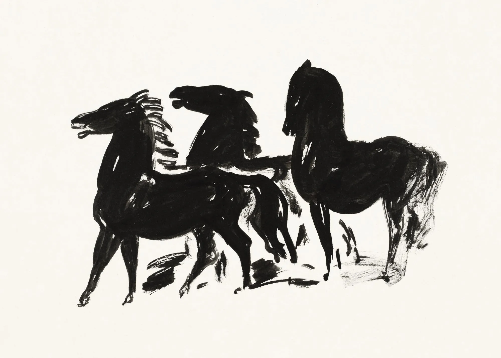 A poster featuring three black horses with expressive brushstrokes on a white background.