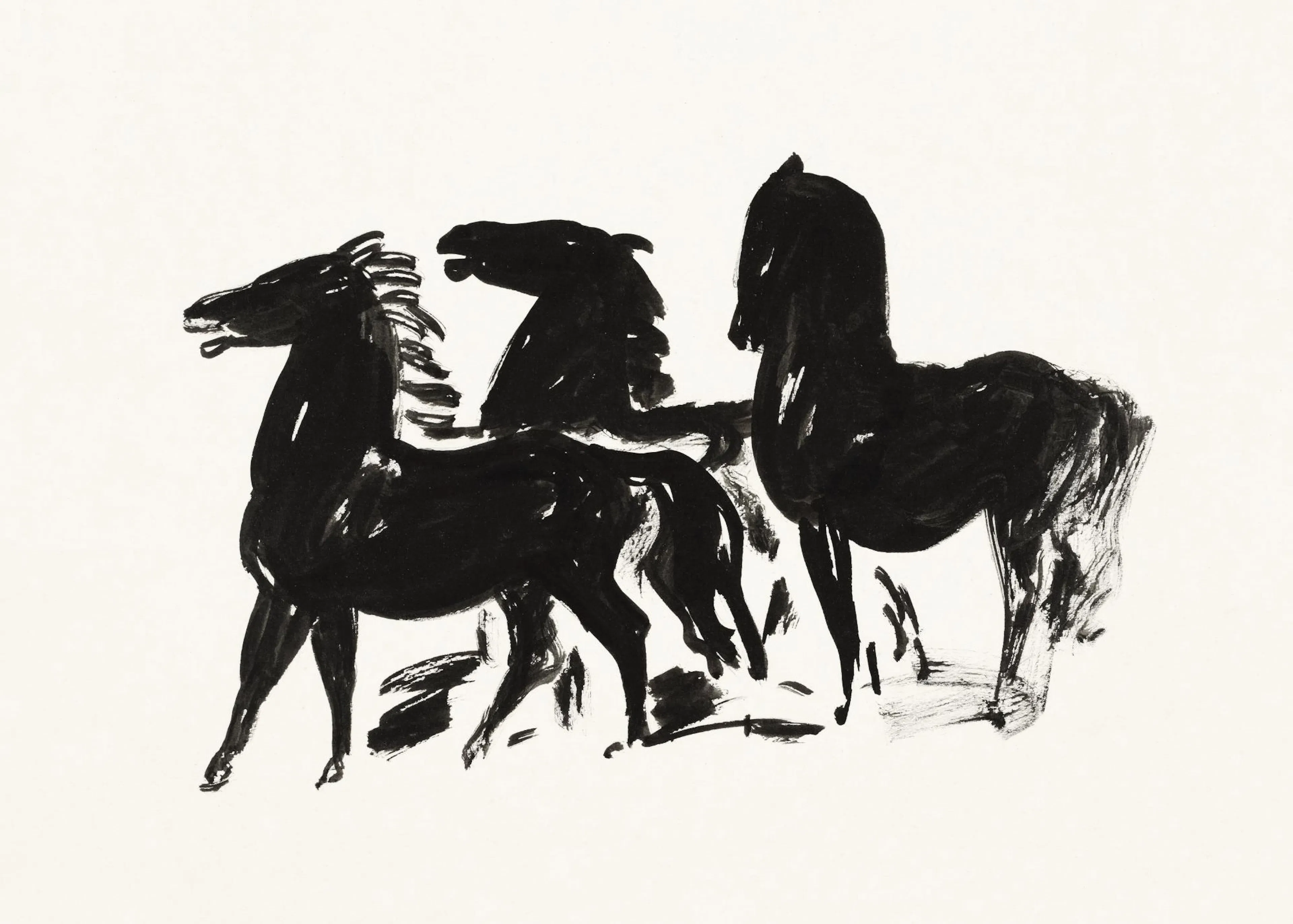 A poster featuring three black horses with expressive brushstrokes on a white background.
