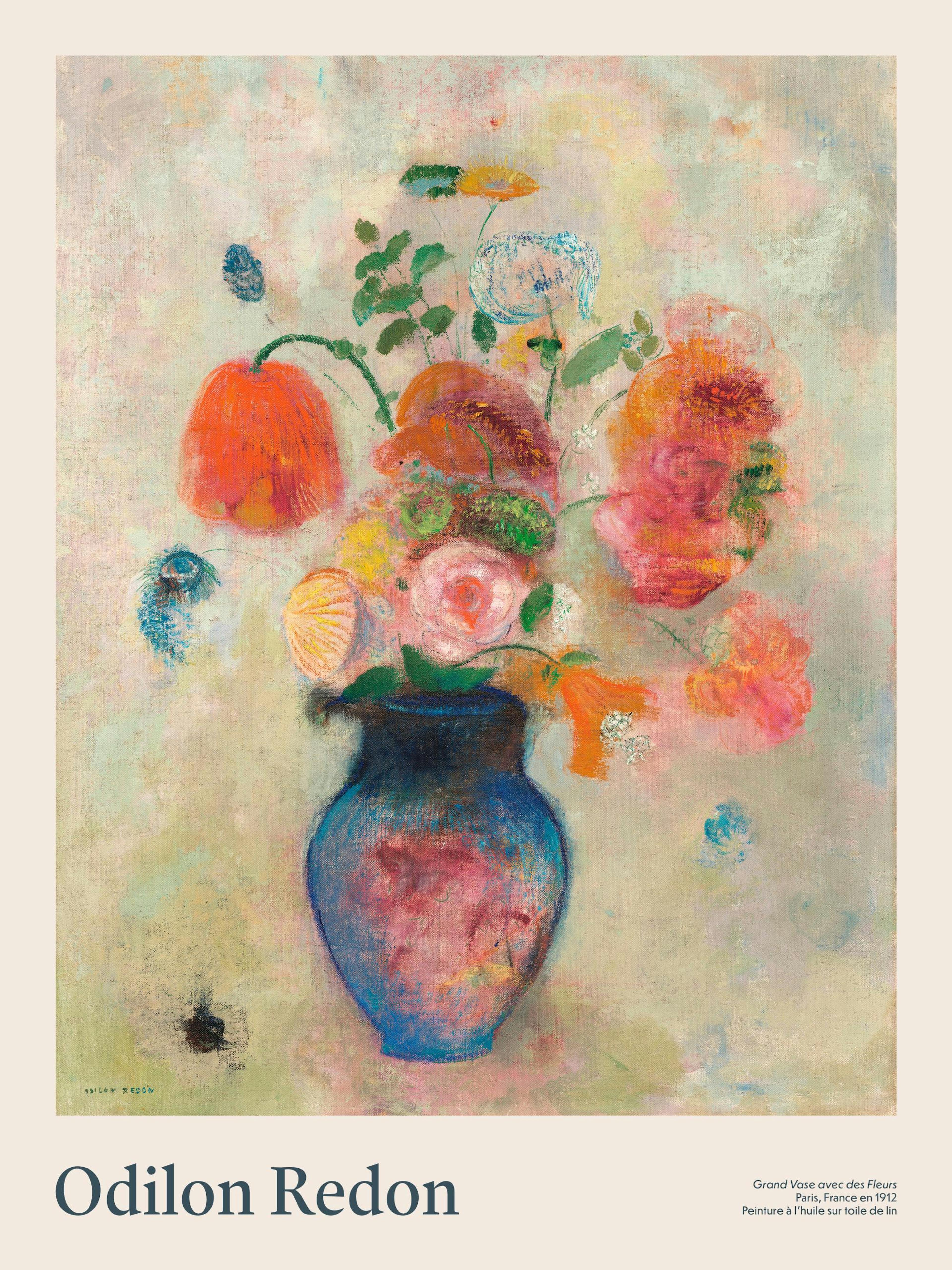 A poster featuring a vibrant Odilon Redon painting of colorful flowers in a blue vase, hanging above a wooden dresser with green