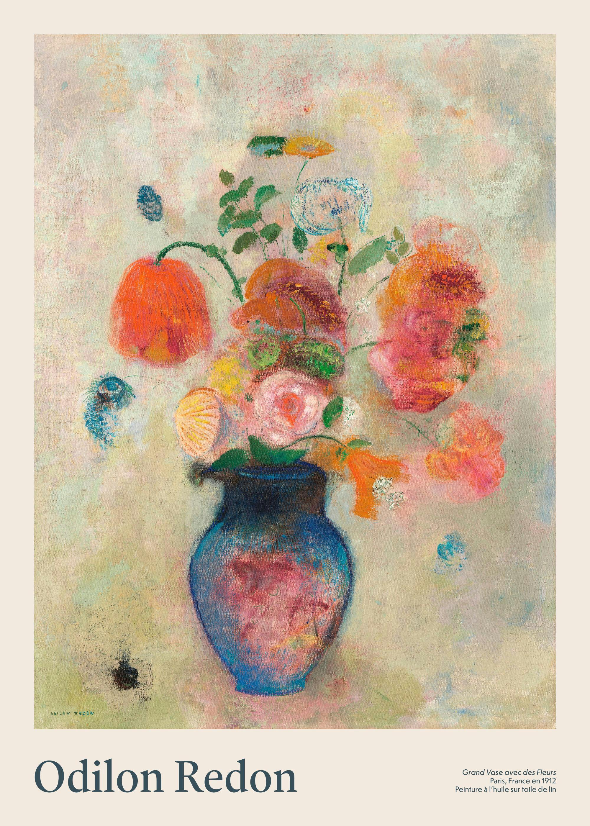 Póster de pintura al óleo de Odilon Redon con un jarrón azul oscuro y un vibrante ramo de flores abstractas en tonos naranjas y