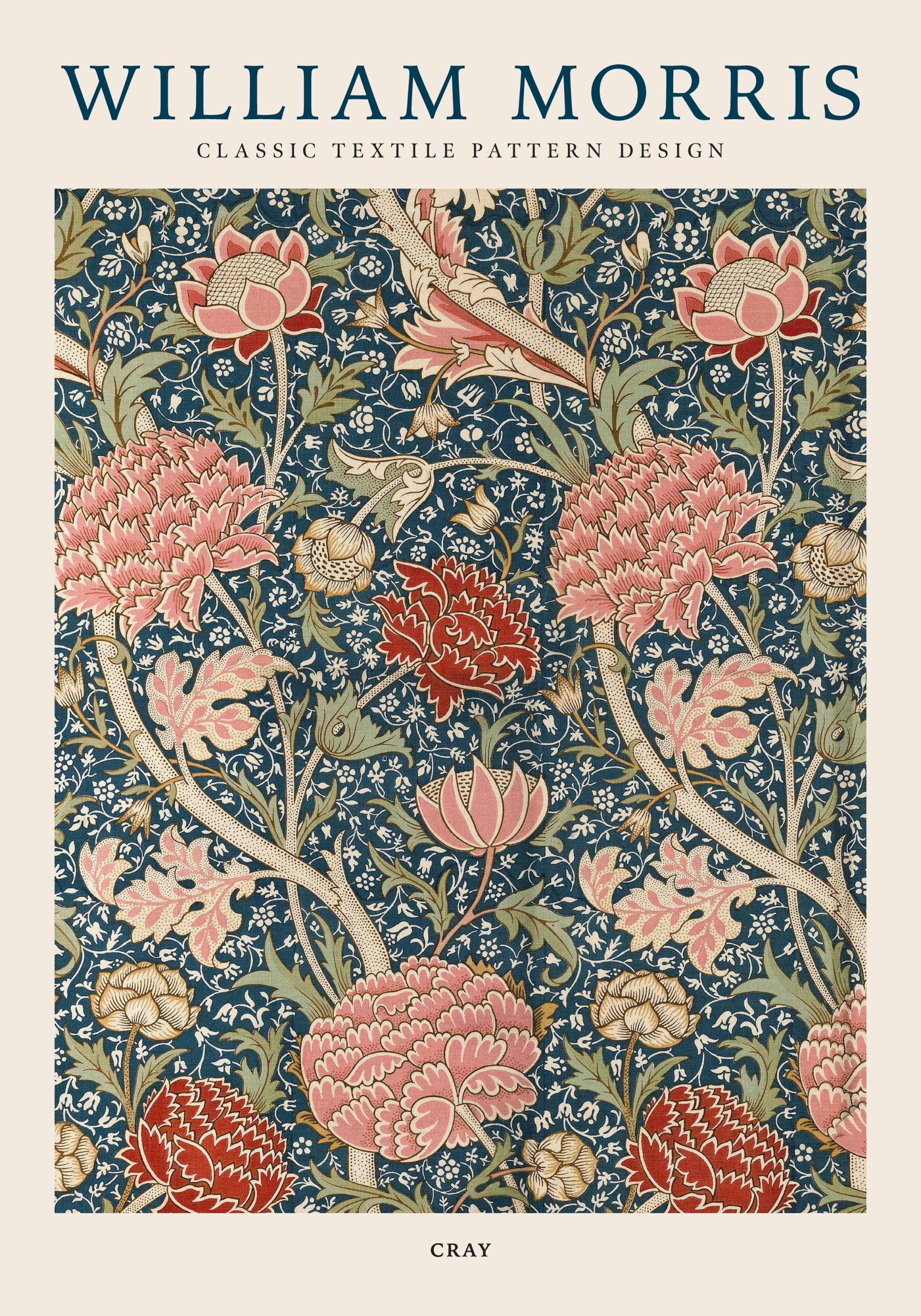 Poster mit William Morris Cray-Muster, großen rosa Blüten und grünen Blättern auf dunklem Hintergrund, hängt über einem Tisch.