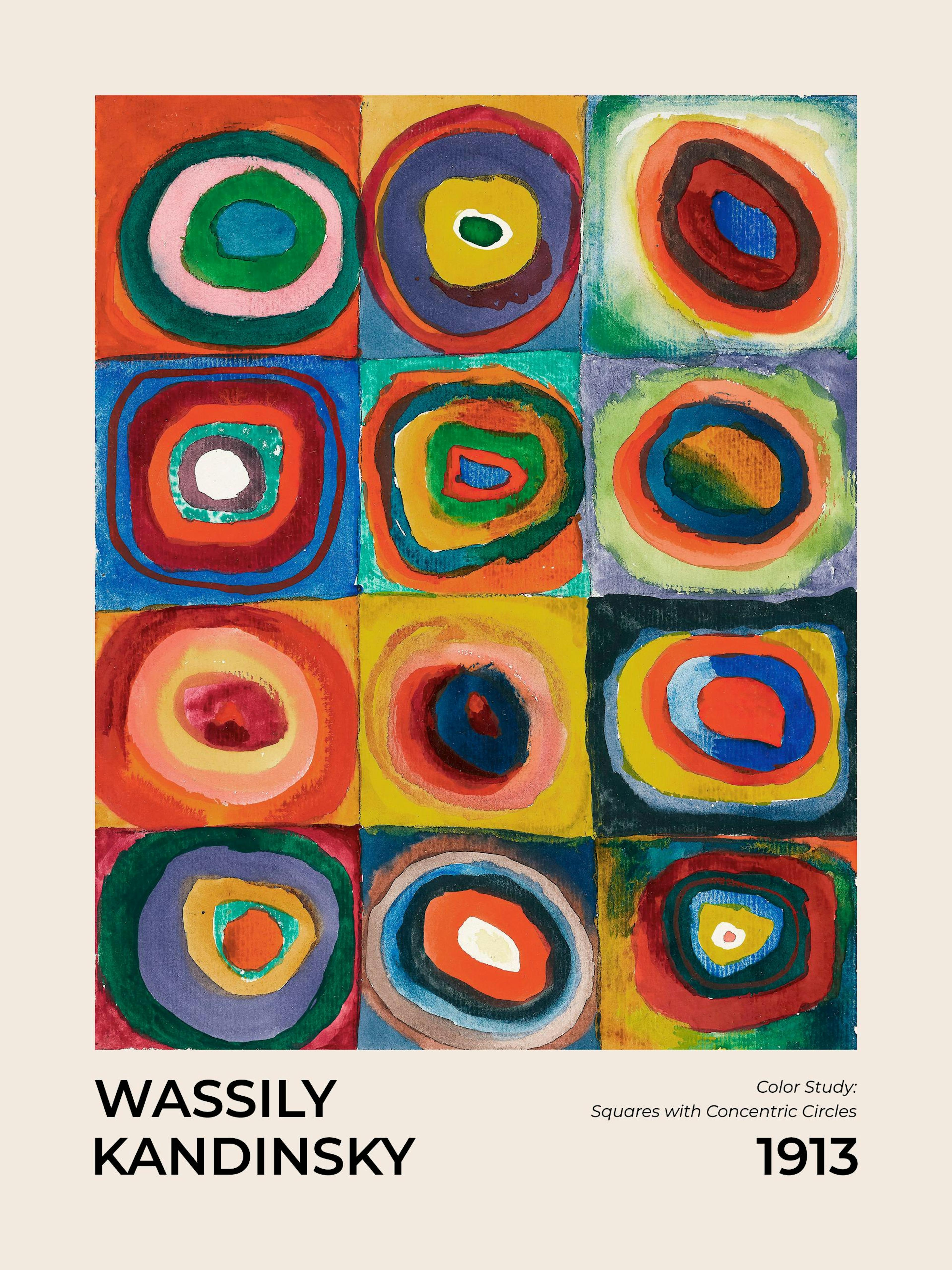 Poster con studio di colori di Kandinsky, quadrati e cerchi concentrici con tonalità vivaci e astratte.