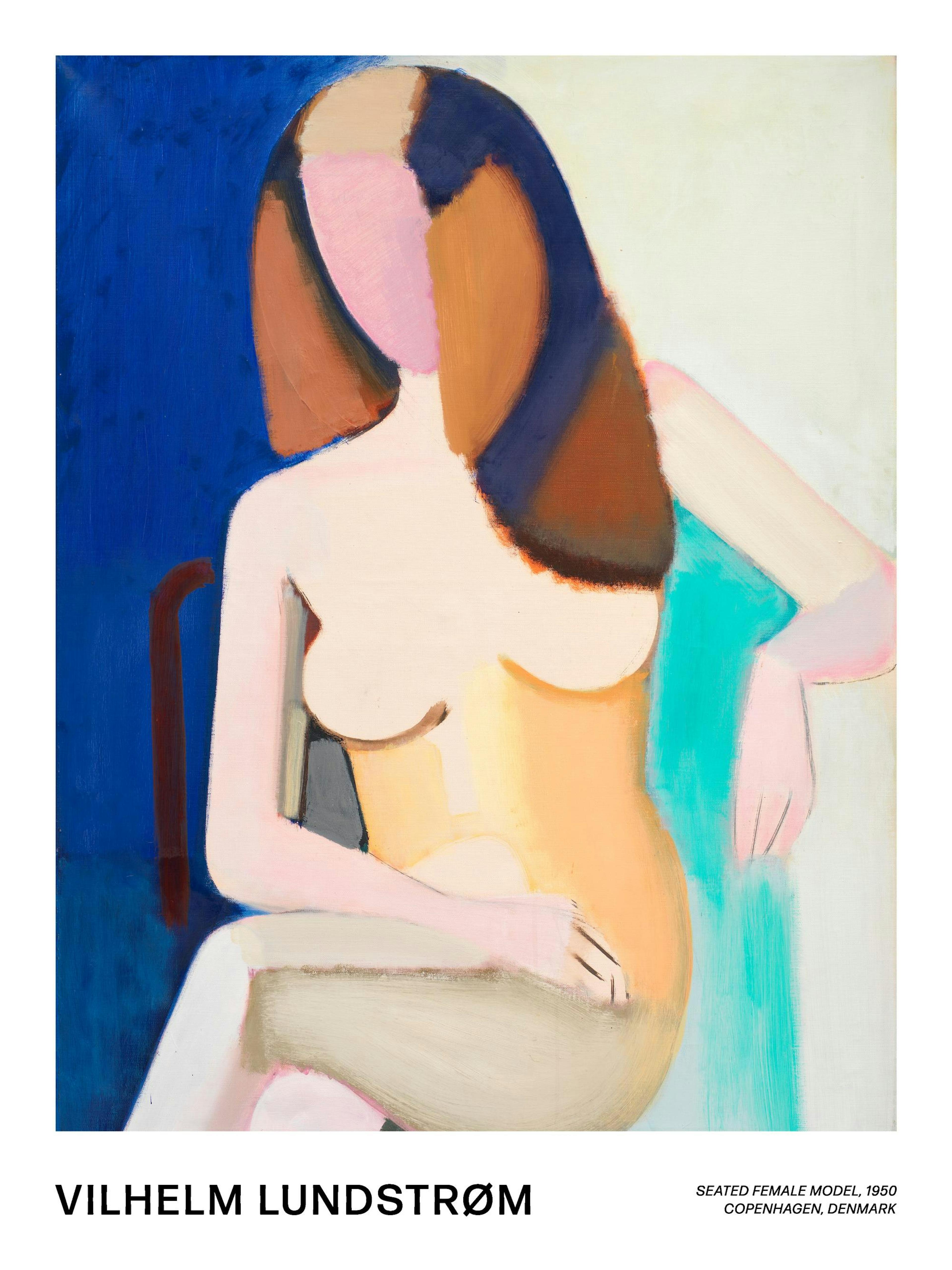 Poster con un dipinto modernista di una donna seduta, con colori vivaci e forme astratte su sfondo blu e bianco.