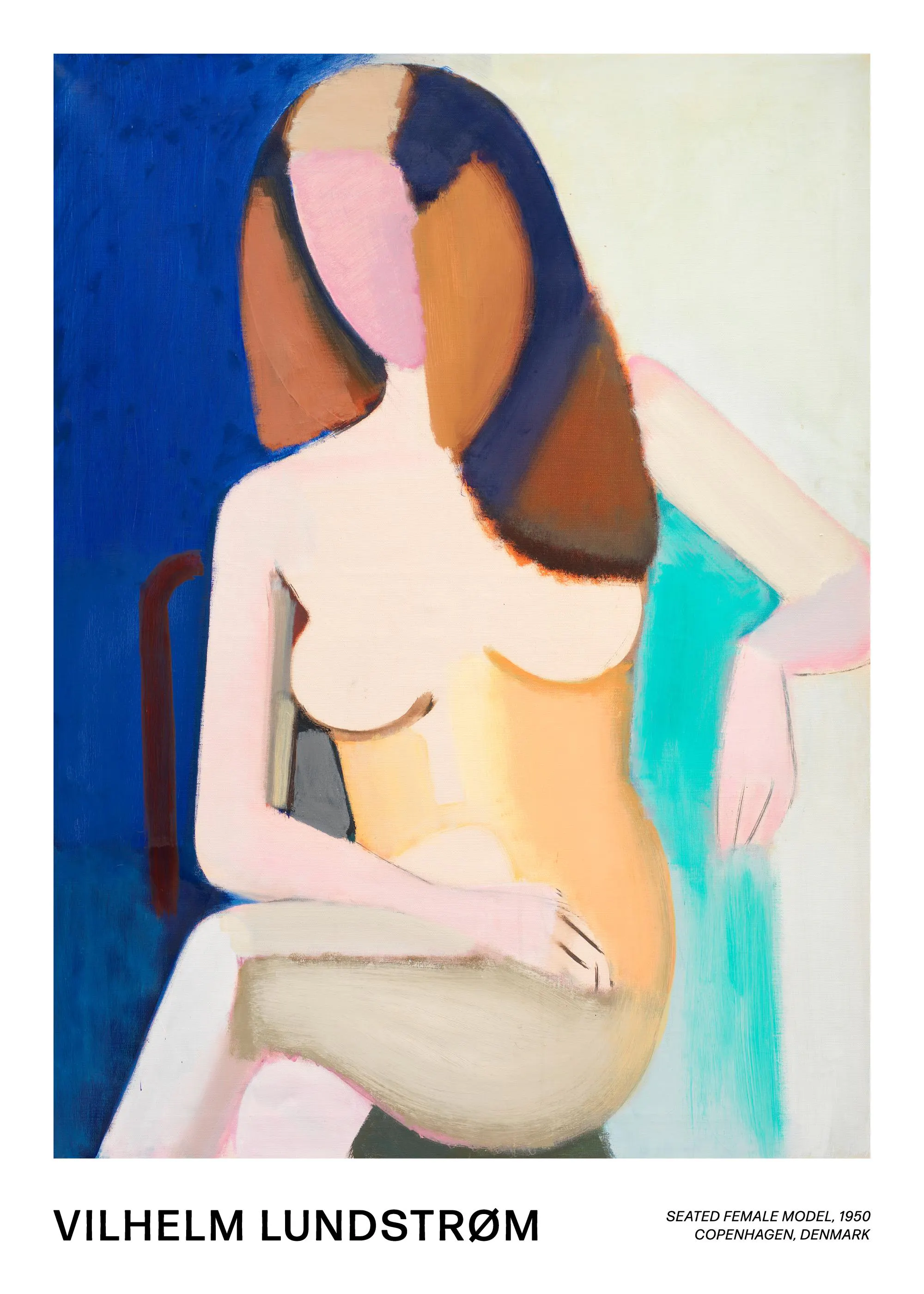 A poster featuring a colorful abstract painting of a seated woman with brown hair and pink face, on a blue and white background.