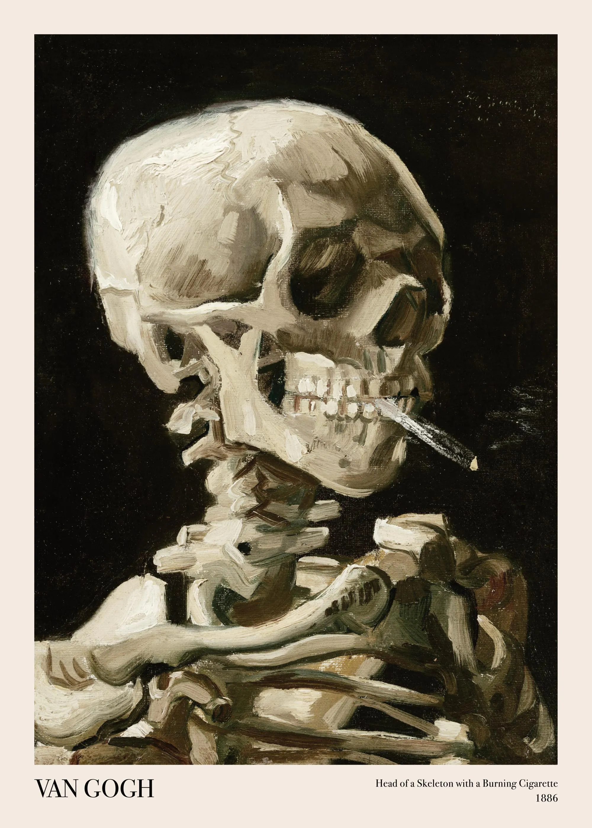 A poster featuring Van Goghs Head of a Skeleton with a Burning Cigarette, a dark oil painting of a skull smoking.