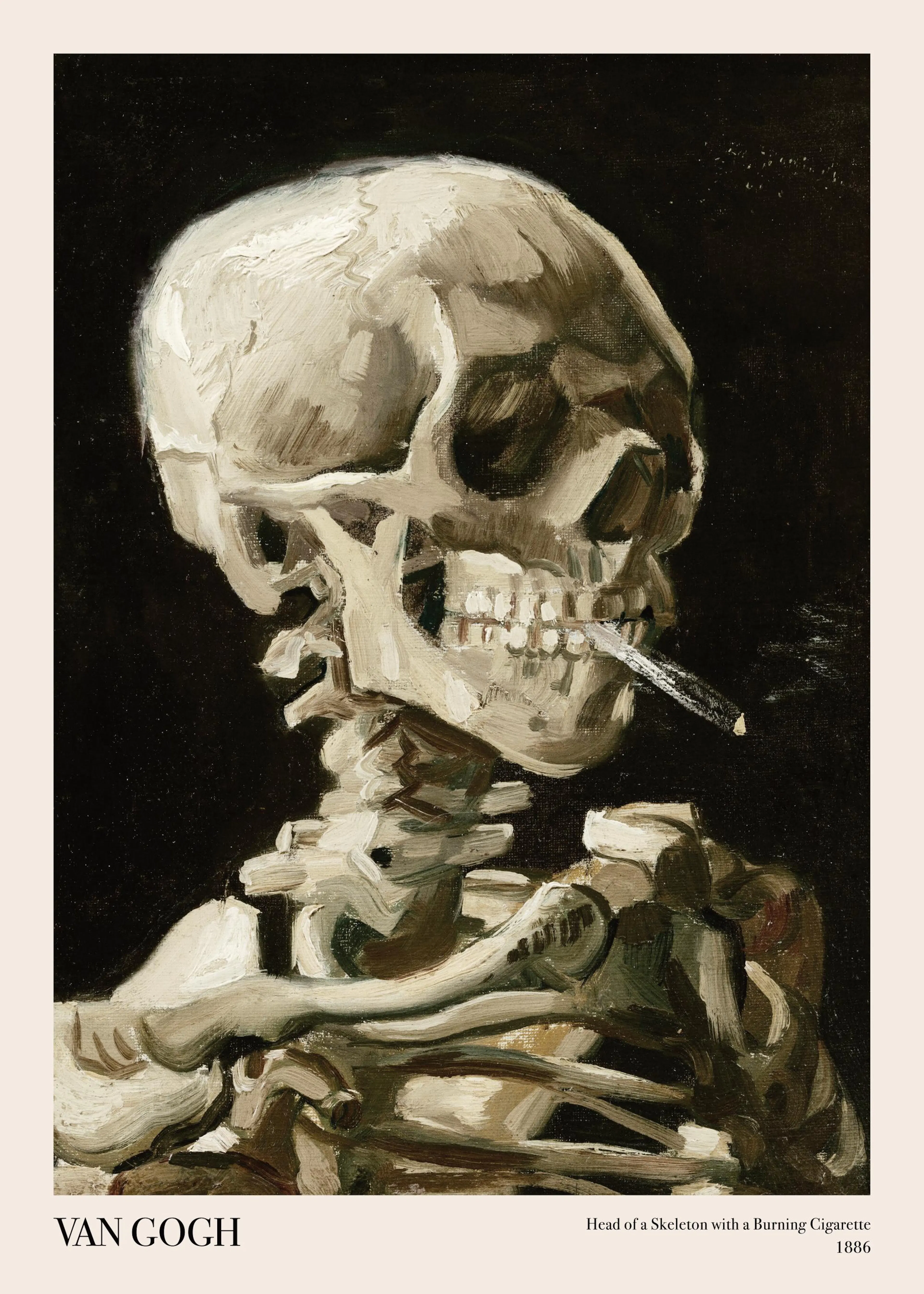 Poster du tableau de Van Gogh, Tête de mort avec une cigarette allumée, représentant un squelette fumant.