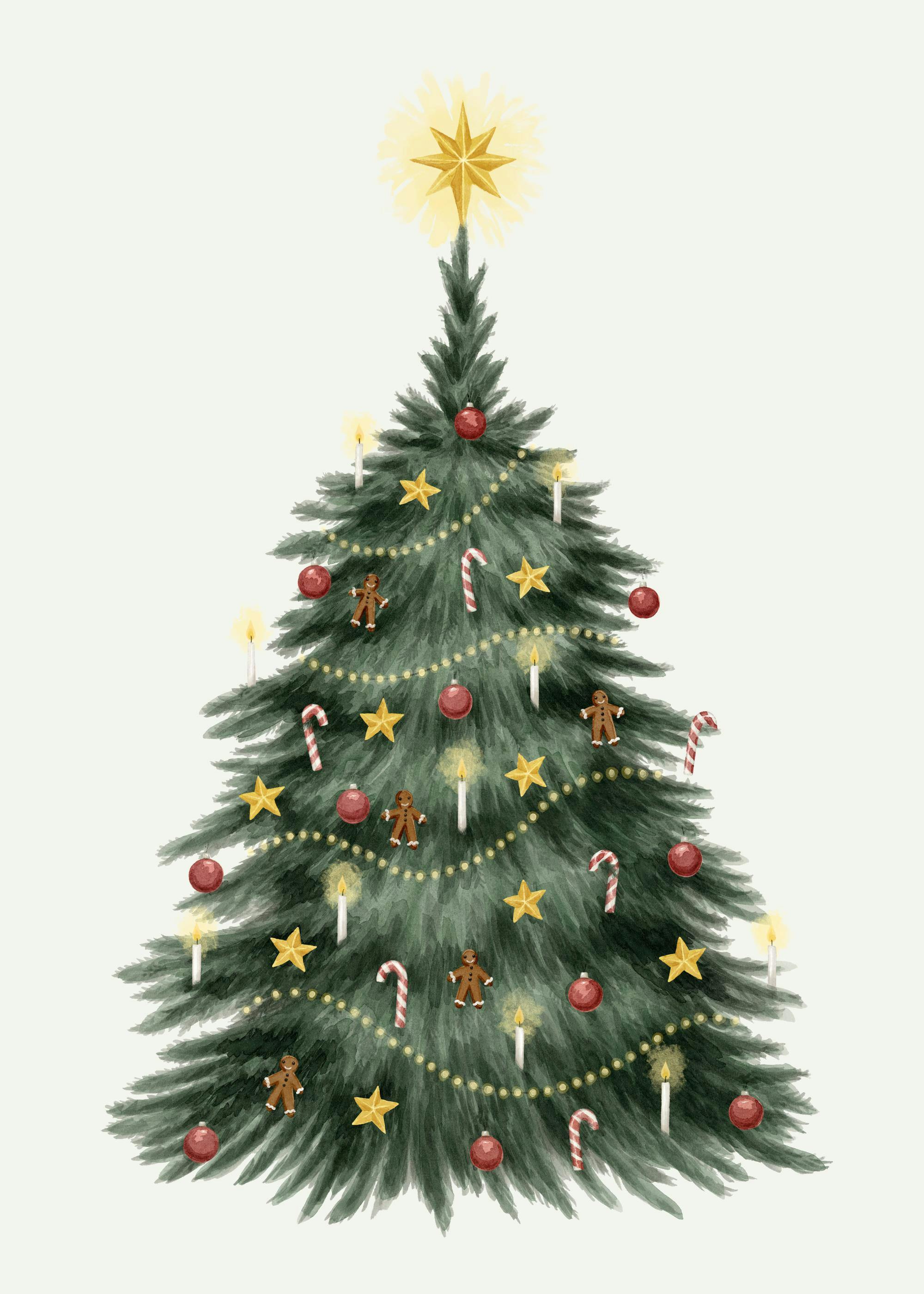 A poster featuring a green Christmas tree with a golden star, red baubles, gingerbread men, and candy canes.