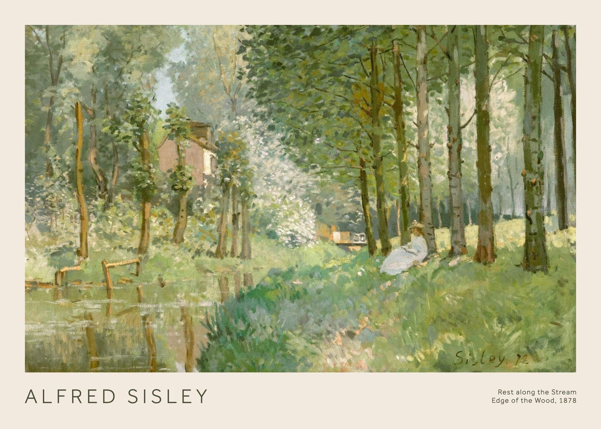 A poster depicting a serene forest scene with tall trees, a stream, and a person resting in the grass.