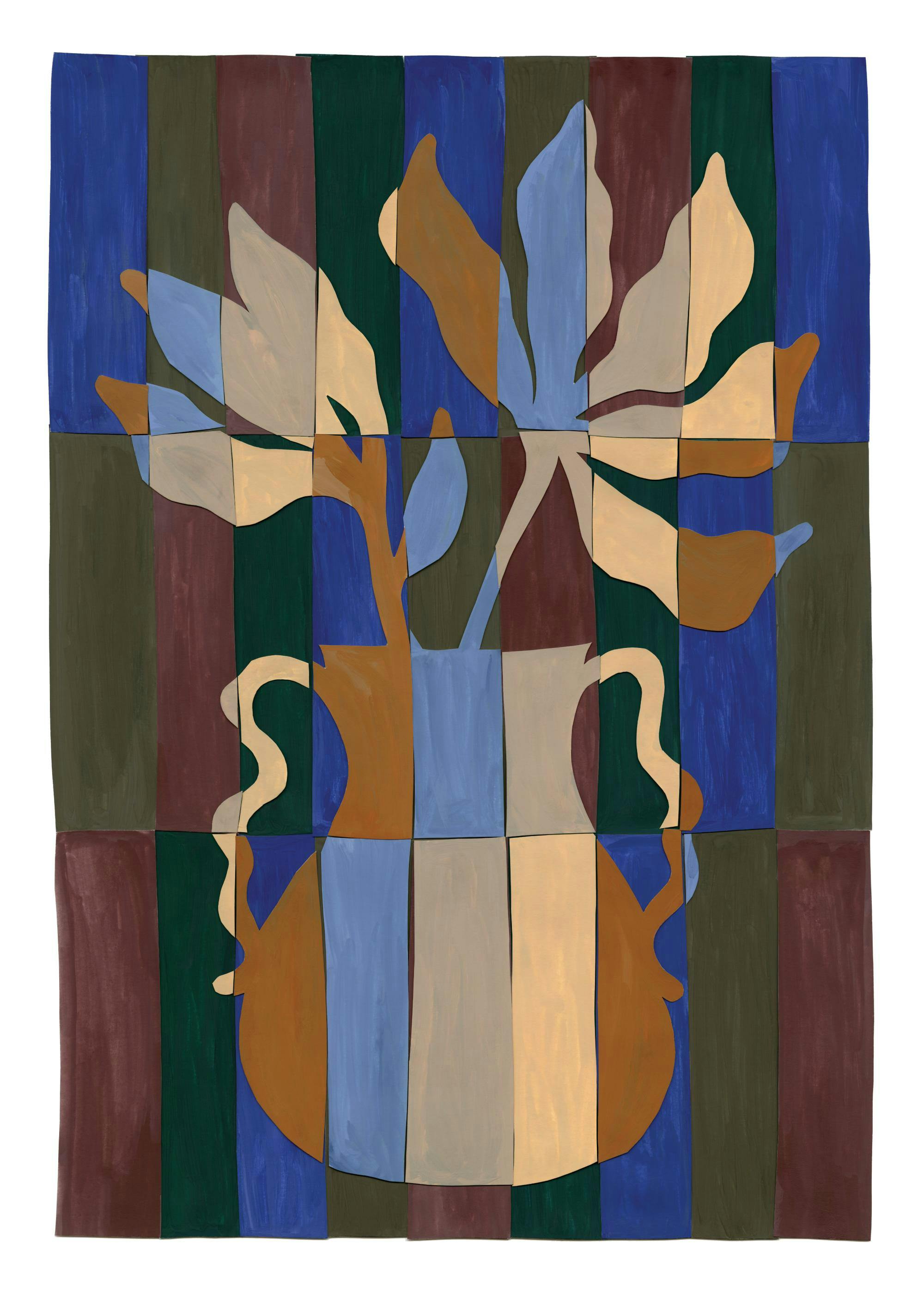 Plakat: Stylizowany wazon z beżowo-niebieskimi liśćmi na tle pionowych pasów w odcieniach brązu, zieleni i błękitu.