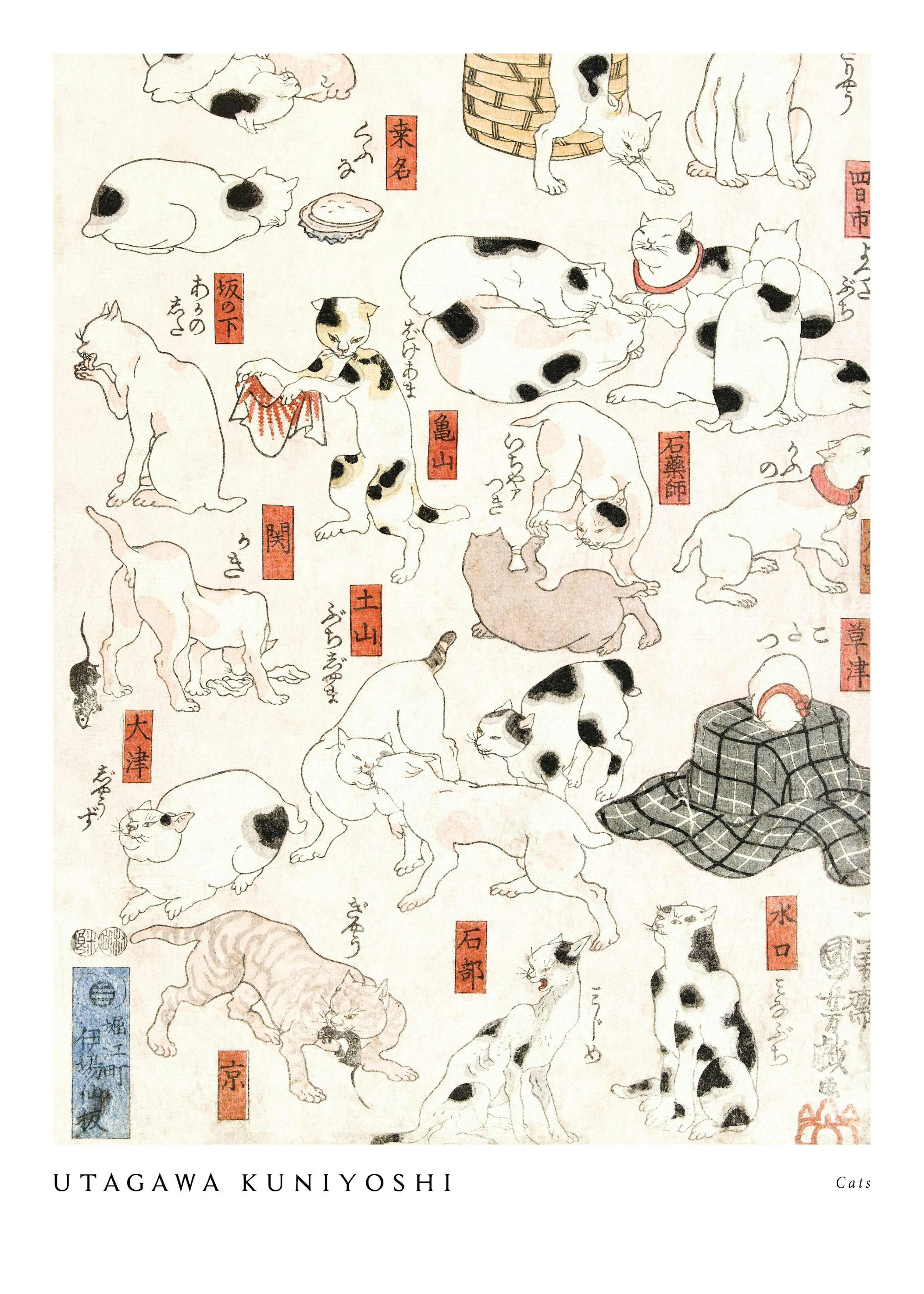 Poster mit japanischen Katzen-Illustrationen von Utatgawa Kuniyoshi, hängend über einem Sessel in einem Wohnzimmer.