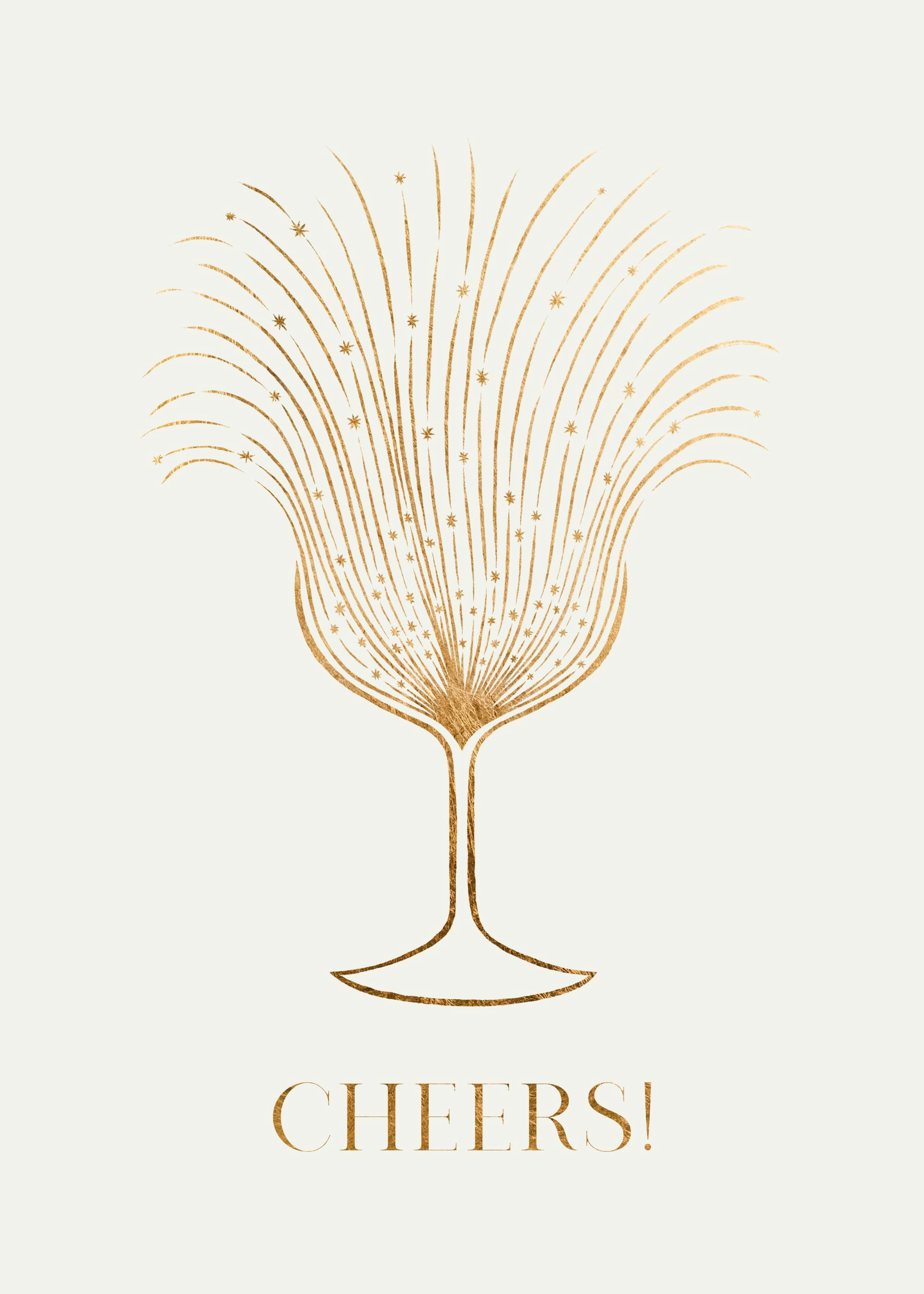 Poster con calice da champagne dorato con scritte CHEERS!, appeso in una stanza luminosa sopra una sedia in legno.