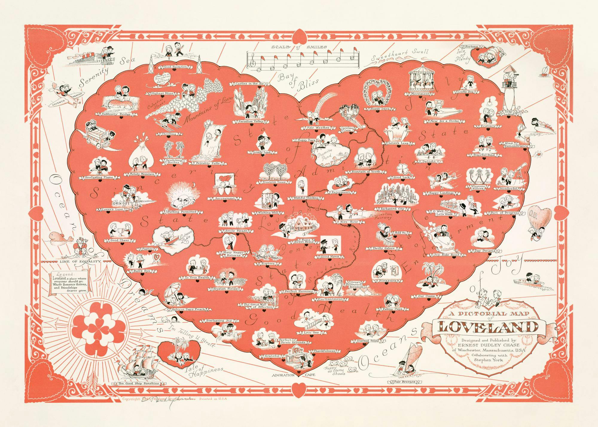 Een poster met een cartografische kaart in de vorm van een hart, A Pictorial Map of Loveland genaamd, met iconische scènes van k