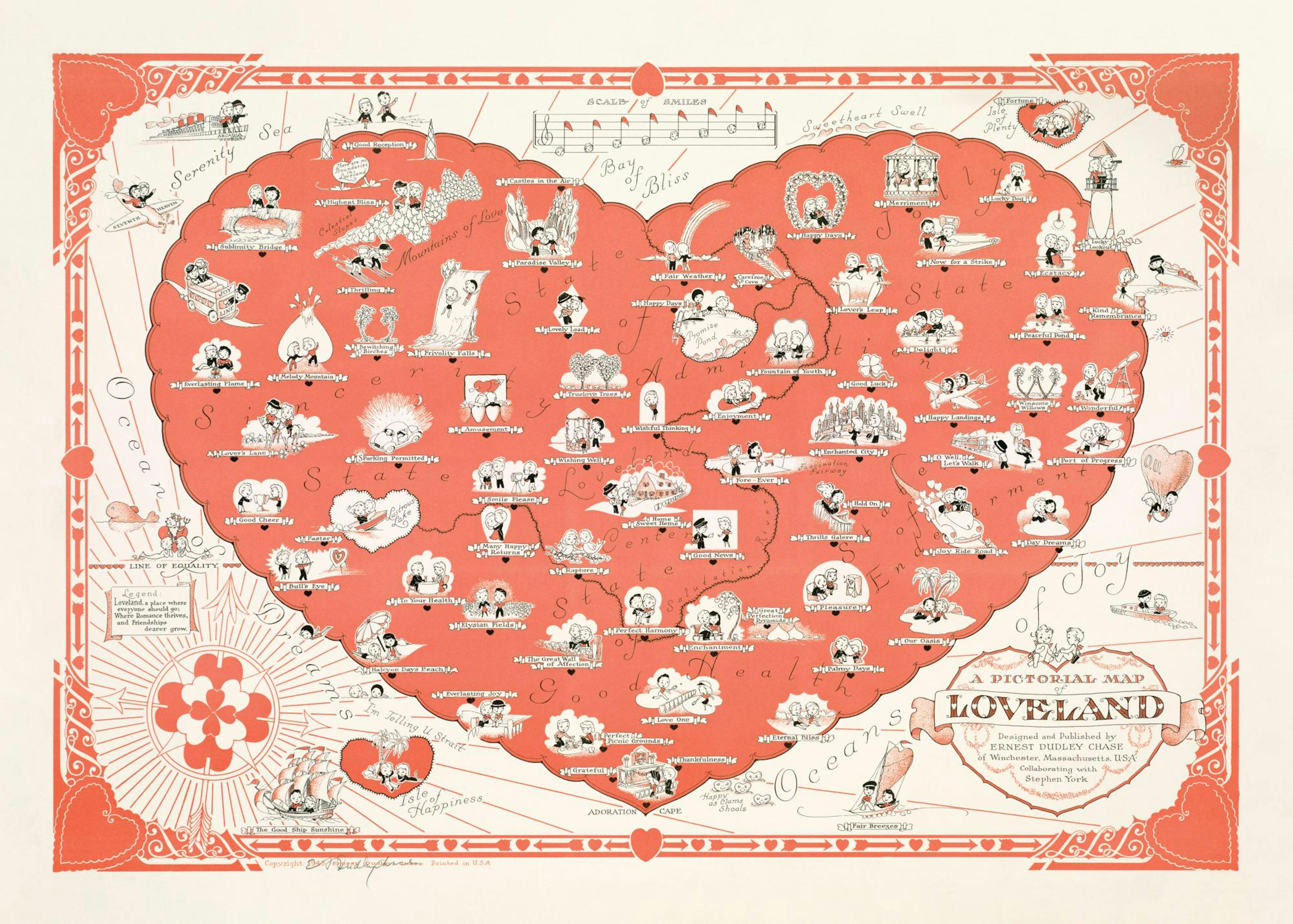 Een poster met een cartografische kaart in de vorm van een hart, A Pictorial Map of Loveland genaamd, met iconische scènes van k
