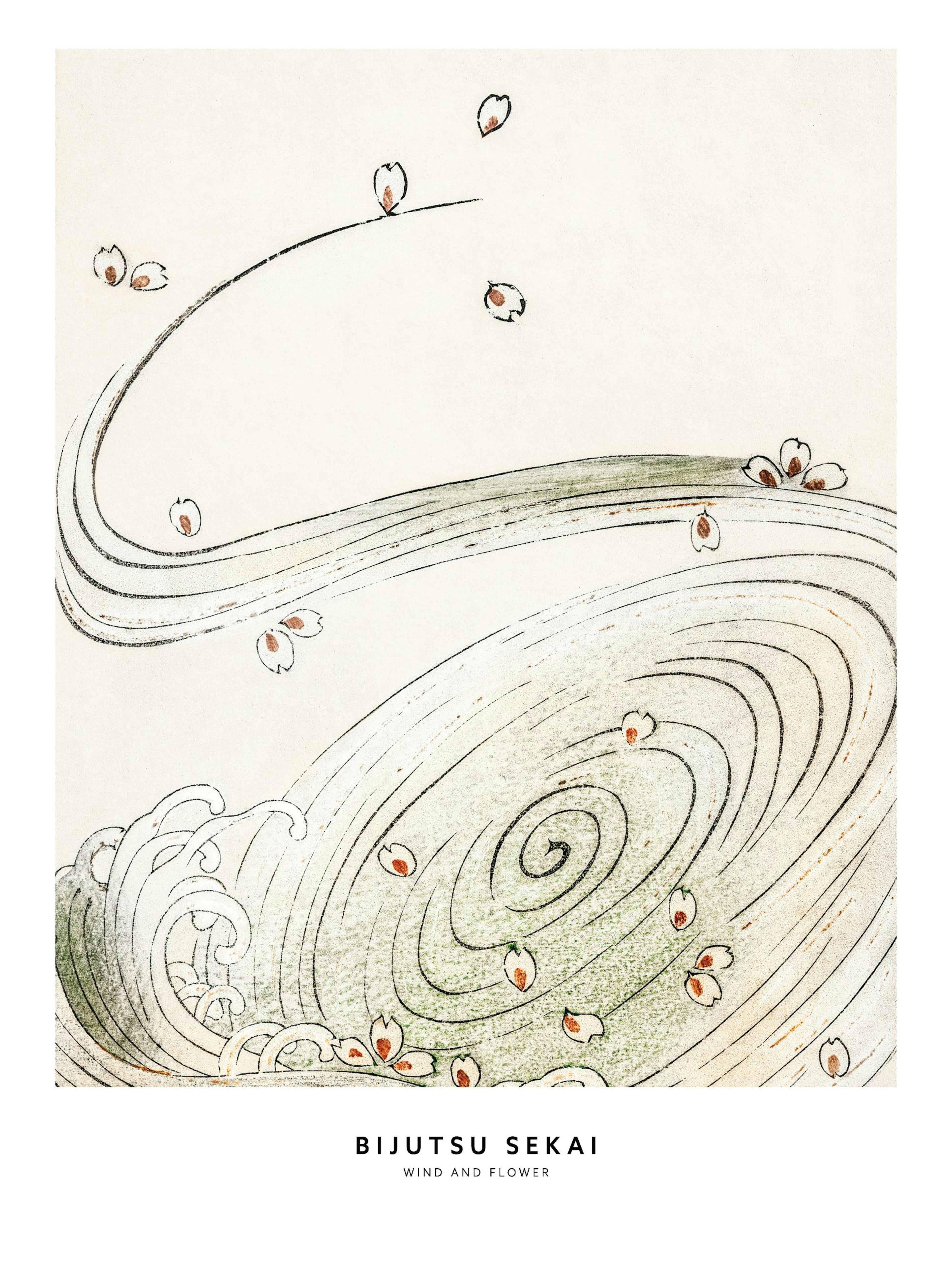 Un poster di unillustrazione giapponese con petali di fiori che cadono su un vortice dacqua